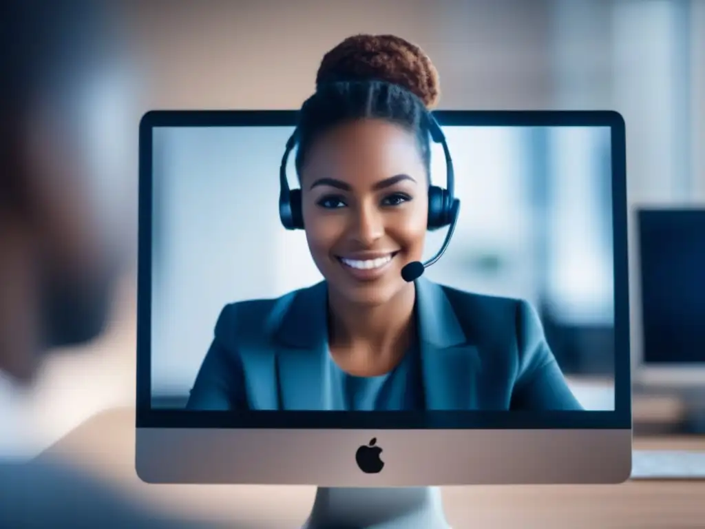Riesgos de Privacidad en Videoconferencias: Profesional en Pantalla Persona en videoconferencia, rostro parcialmente oculto por interfaz digital