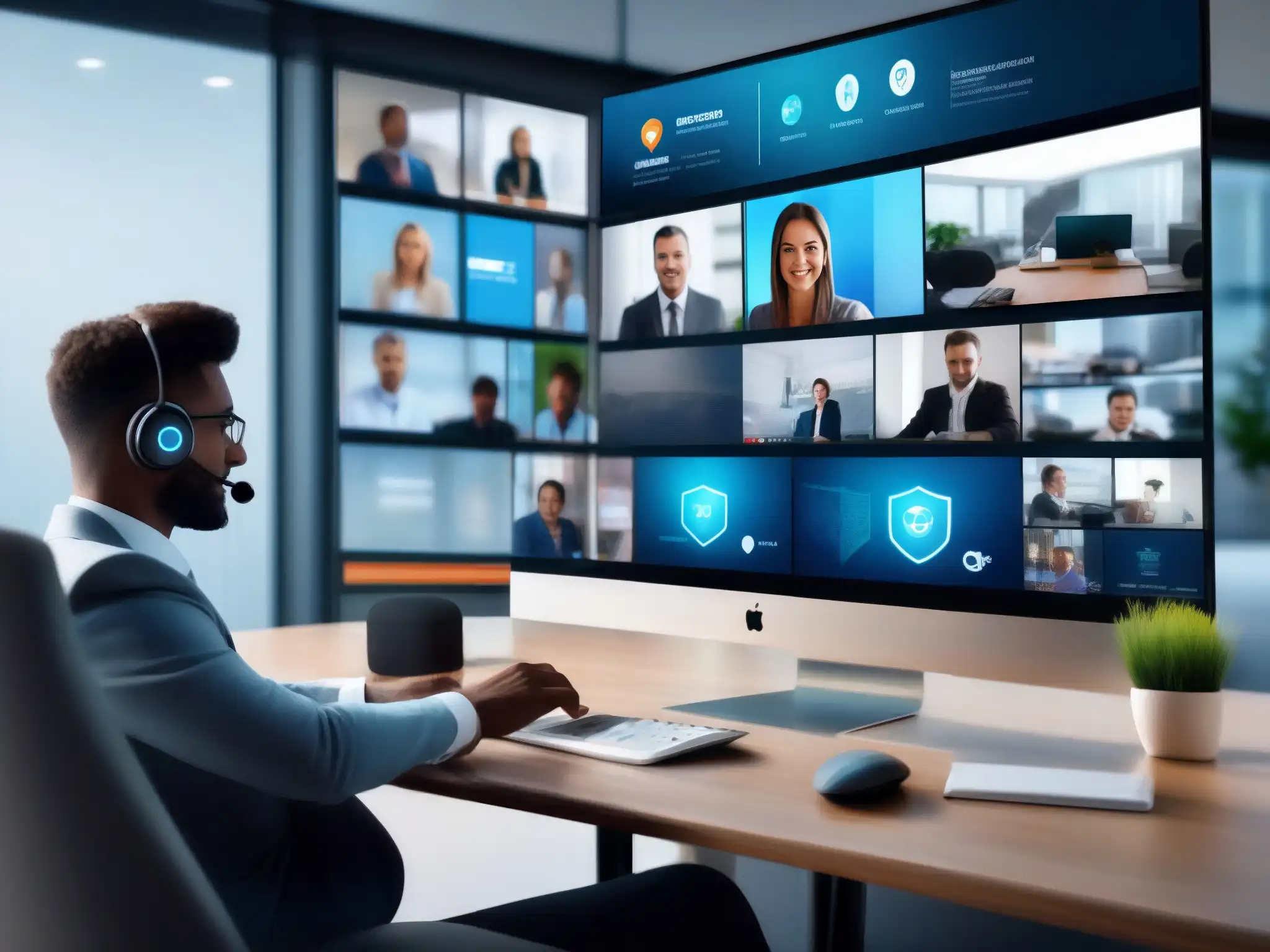 Sala de conferencias segura y moderna con VPN Persona en videoconferencia segura, rodeada de tecnología avanzada y seguridad óptima en videoconferencias VPN en una oficina moderna