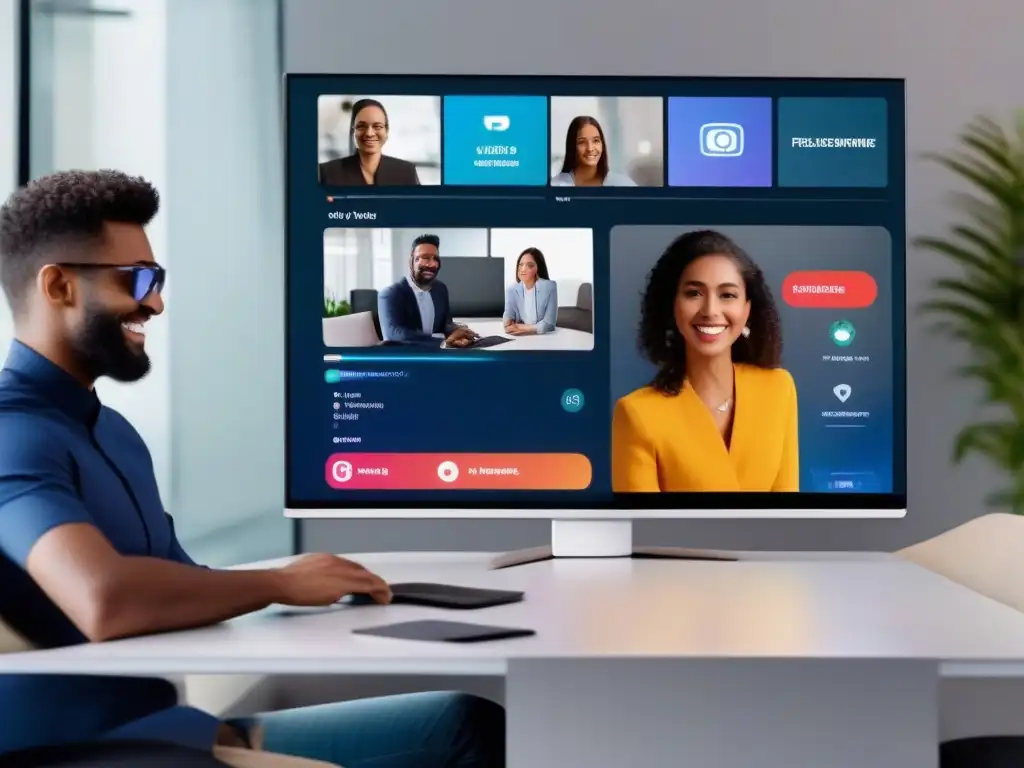 Personalización de videoconferencias: Interfaz 8k Persona personalizando videoconferencias con APIs en pantalla ultradetallada 8k, mostrando opciones interactivas y diseño moderno