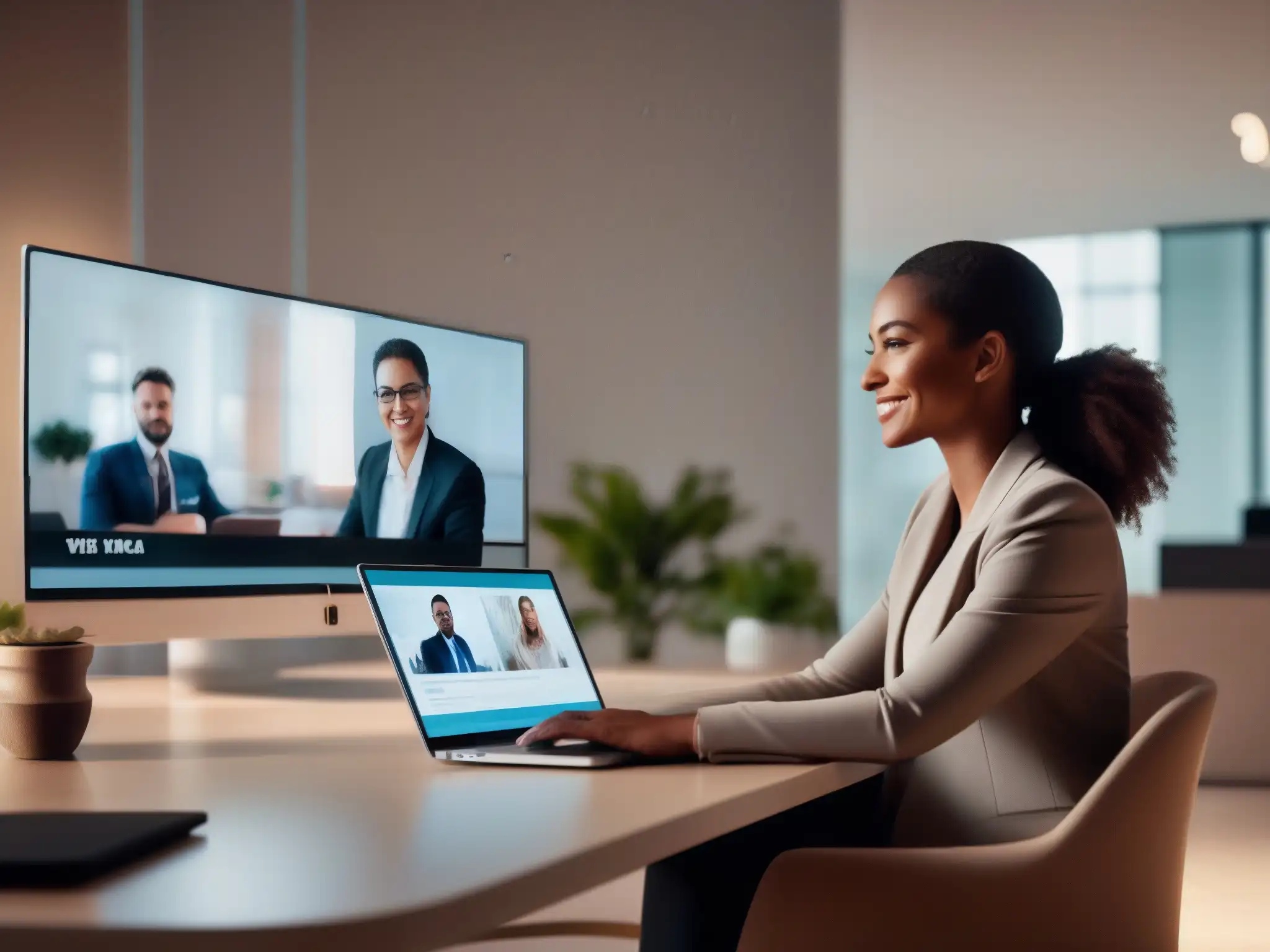 Videoconferencia moderna con IA en ambiente luminoso Persona participando en videoconferencias productivas con IA en un entorno moderno y profesional, interactuando con una pantalla de alta resolución