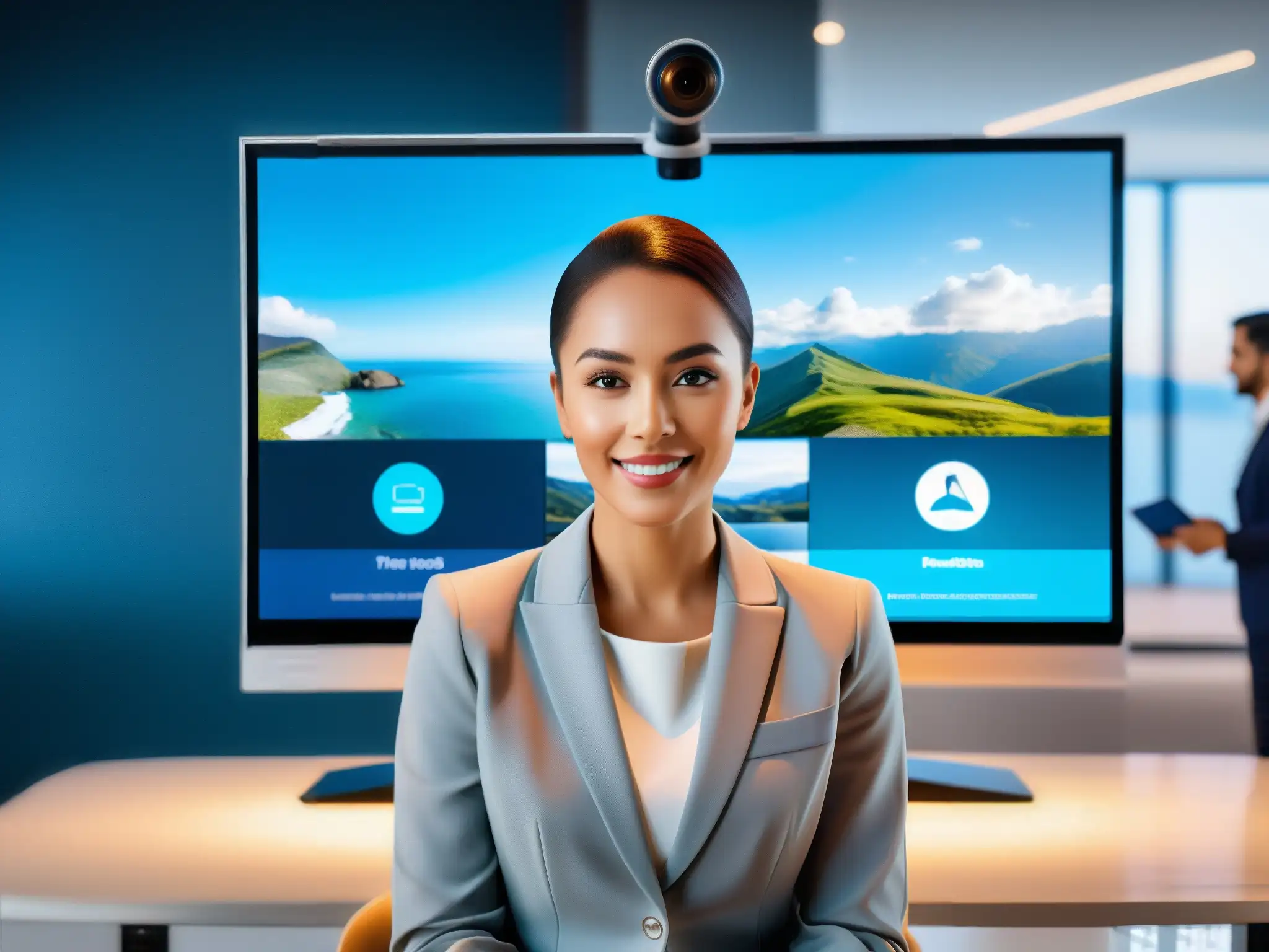 Persona en videollamada con personalización de fondos y filtros con IA, en ambiente profesional futurista y dinámico