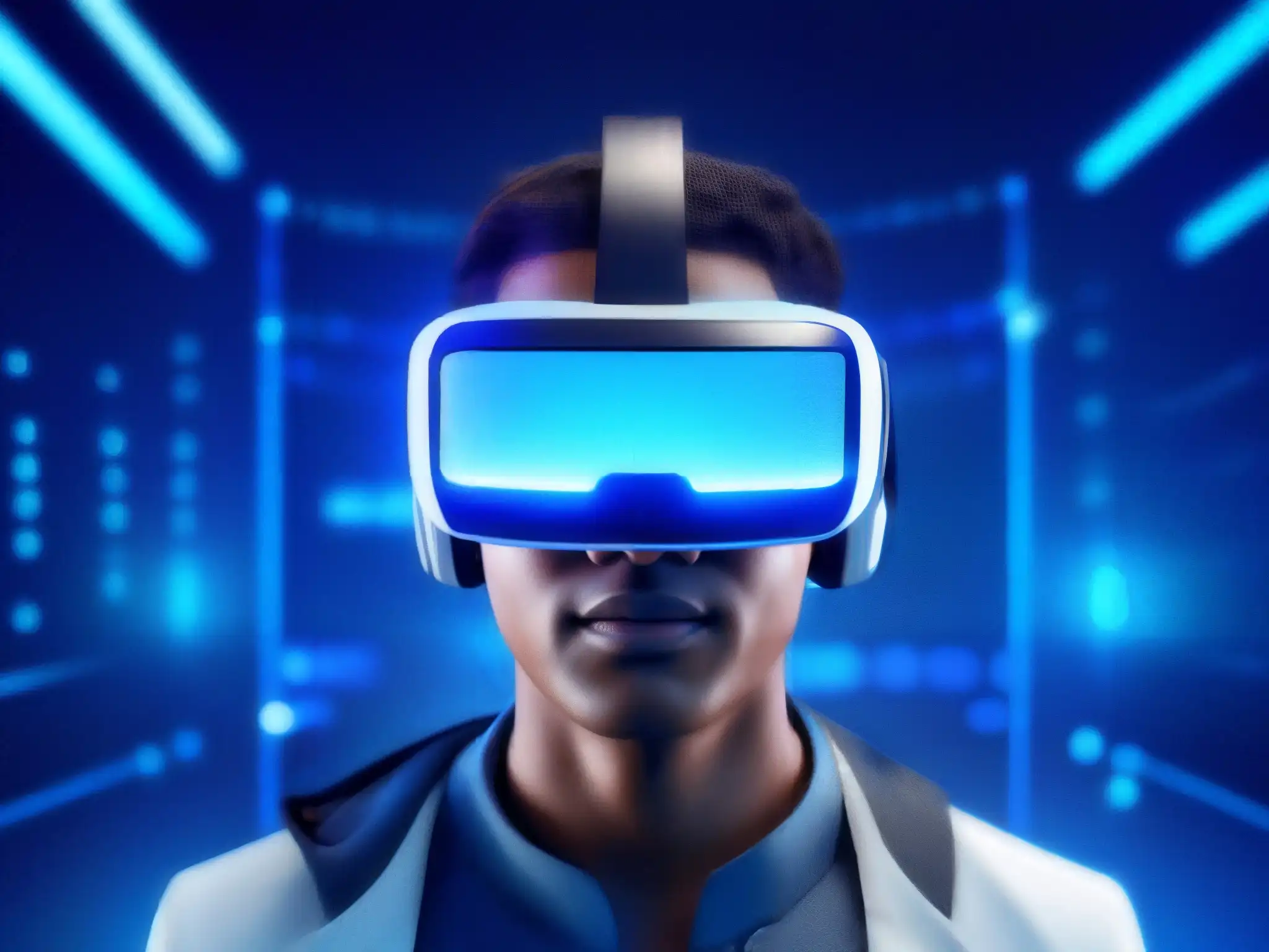 Realidad virtual futurista: Anonimización de datos Persona con visor de realidad virtual proyectando datos, expresión determinada