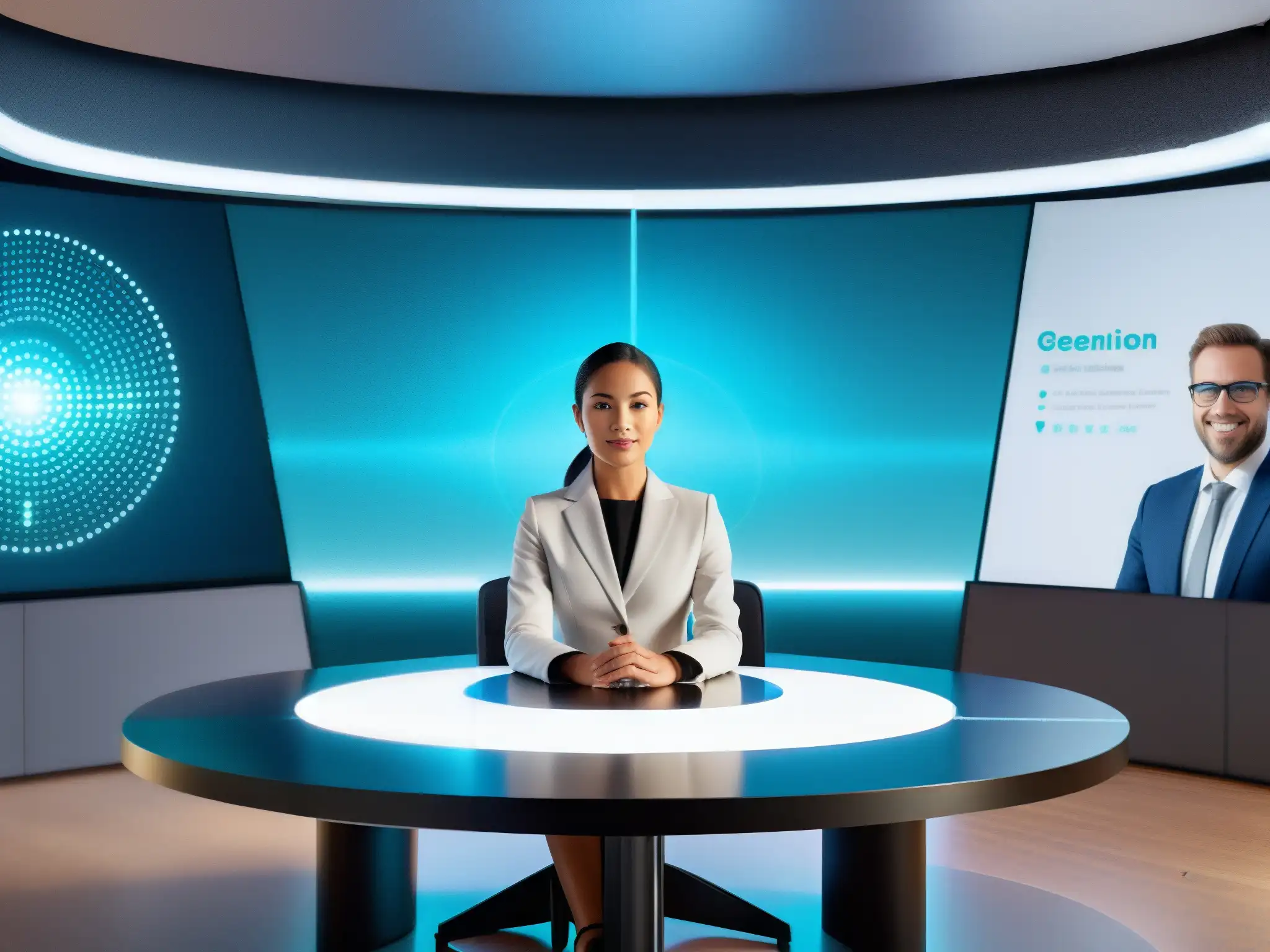 Personalización de fondos y filtros con IA en sala de reuniones virtual futurista con asistentes virtuales y pantallas holográficas