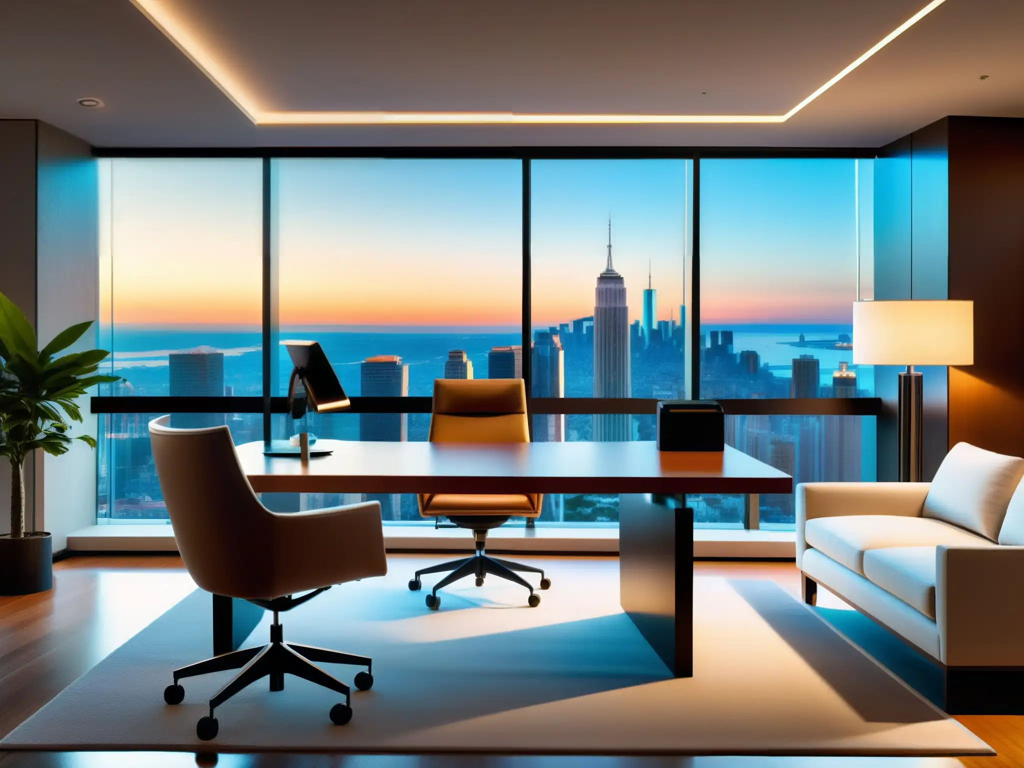 Oficina virtual moderna y sofisticada con vista panorámica Personalización fondos virtuales videoconferencia: Oficina moderna y sofisticada con vista panorámica a la ciudad a través de ventanales