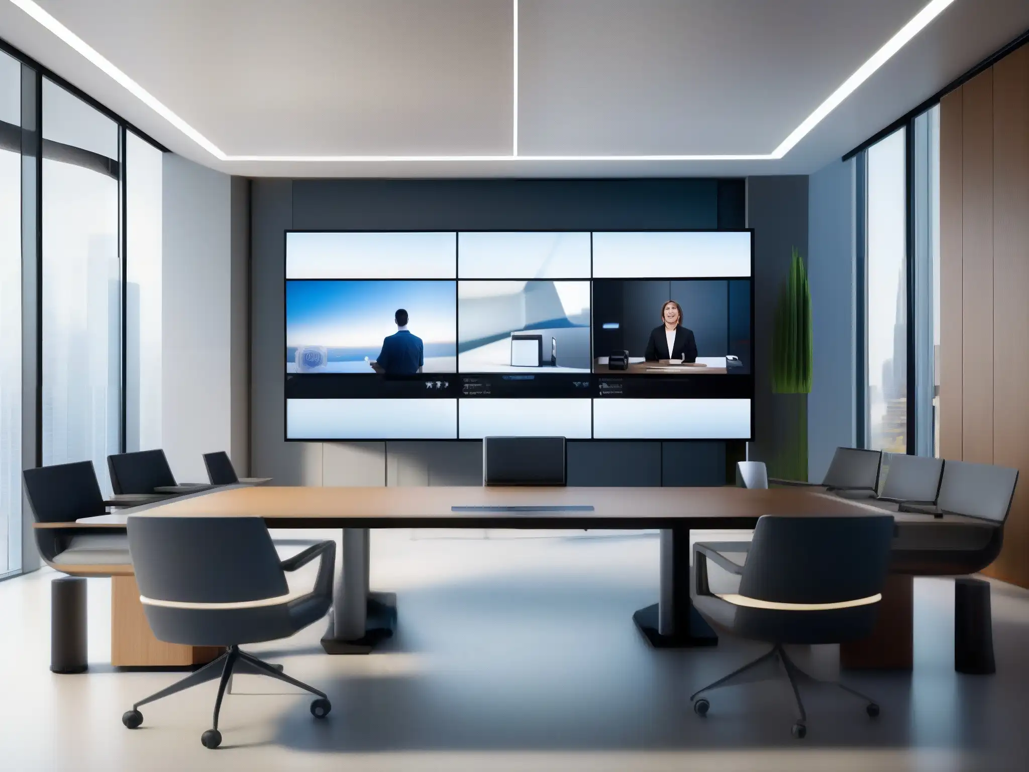Setup de videoconferencia moderno y elegante en una oficina profesional Configuración personalizada de videoconferencias en un entorno profesional con tecnología de vanguardia y diseño elegante