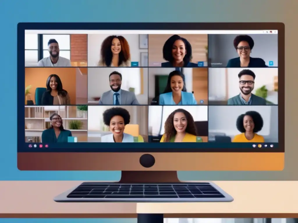 Videoconferencia inclusiva: Empoderamiento personalizado Personas diversas personalizan ajustes en una videoconferencia, destacando la inclusividad y empoderamiento