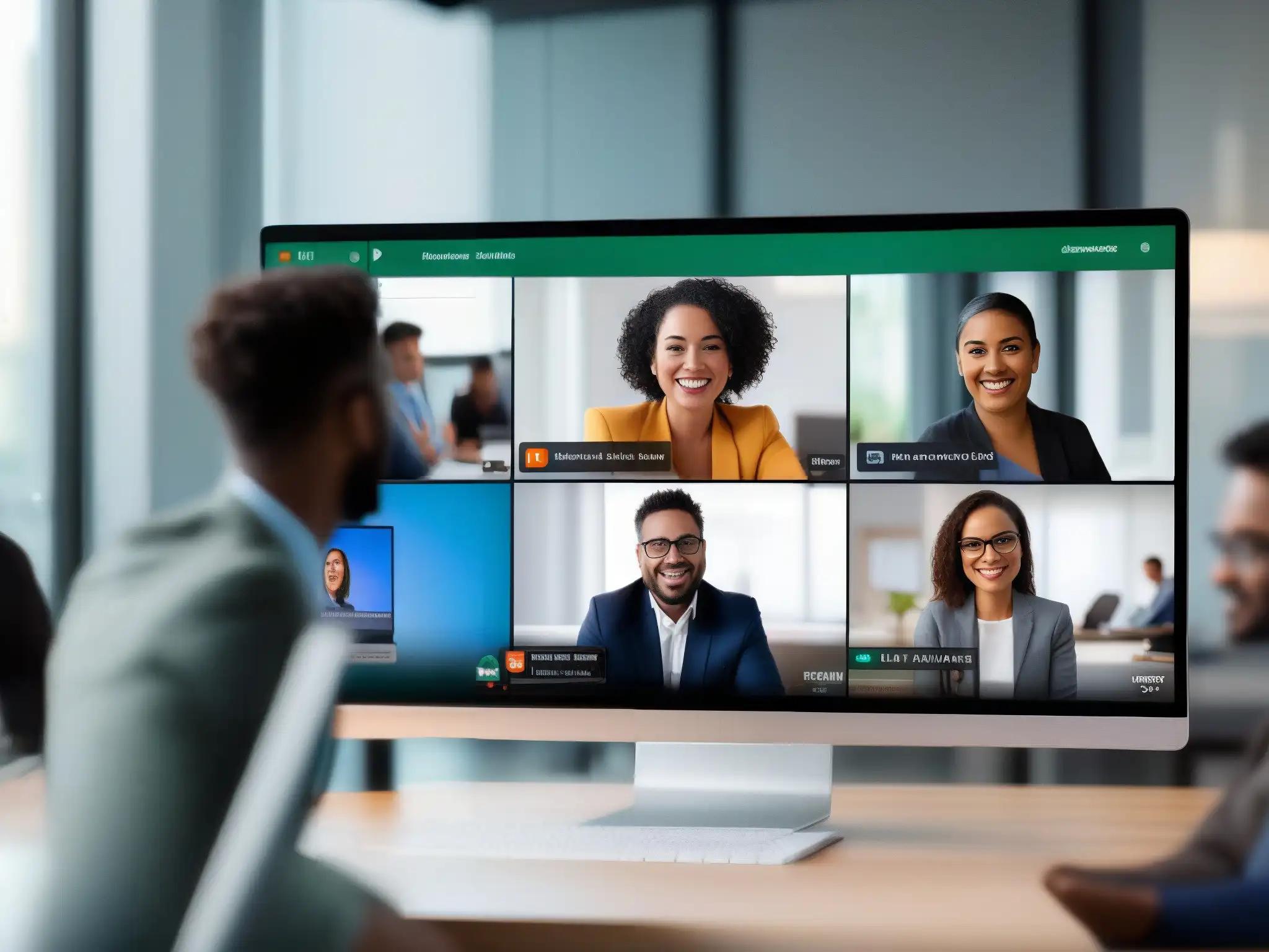 Videoconferencia profesional: Zoom, Teams, Hangouts en Windows, Mac, Linux Tres personas en videoconferencia con diferentes plataformas y sistemas operativos, en una oficina minimalista
