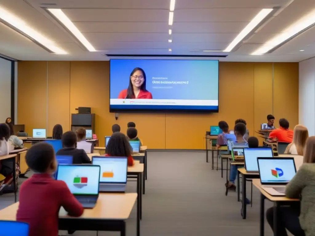 Aula conectada: aprendizaje dinámico en el mundo virtual Plataforma efectiva videoconferencia sector educativo: Aula moderna con estudiantes presenciales y virtuales en un ambiente dinámico y conectado