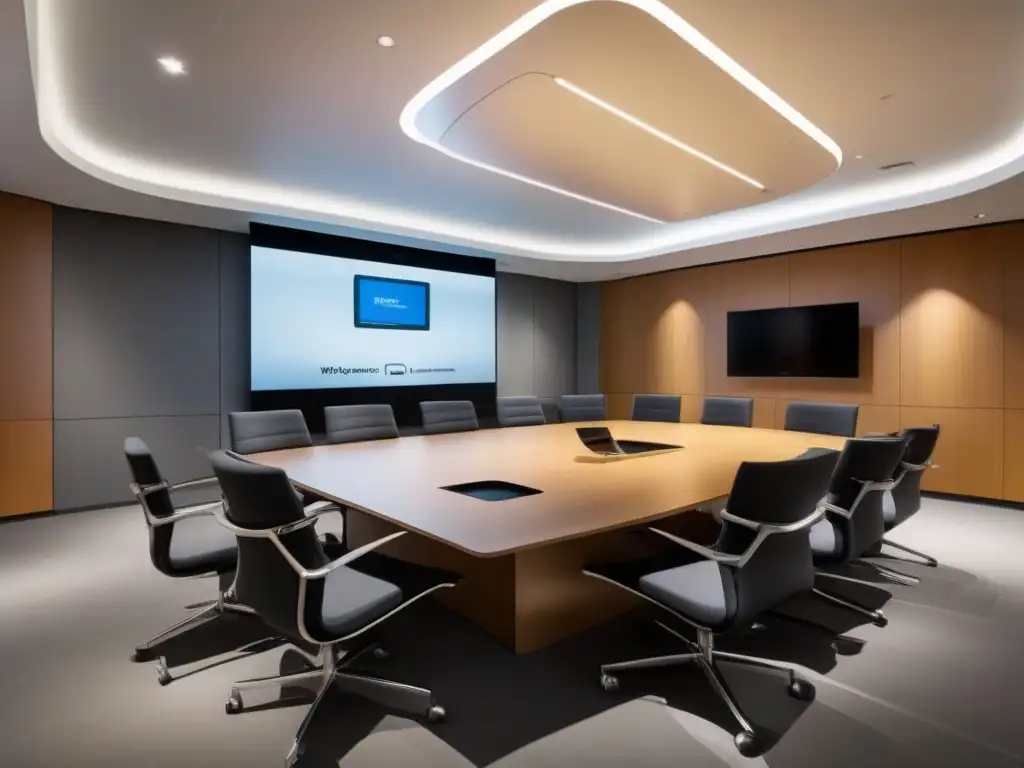 Sala de videoconferencias moderna con tecnología de vanguardia Plataforma ideal videoconferencia profesional en sala moderna con pantalla curva, muebles ergonómicos y arte minimalista