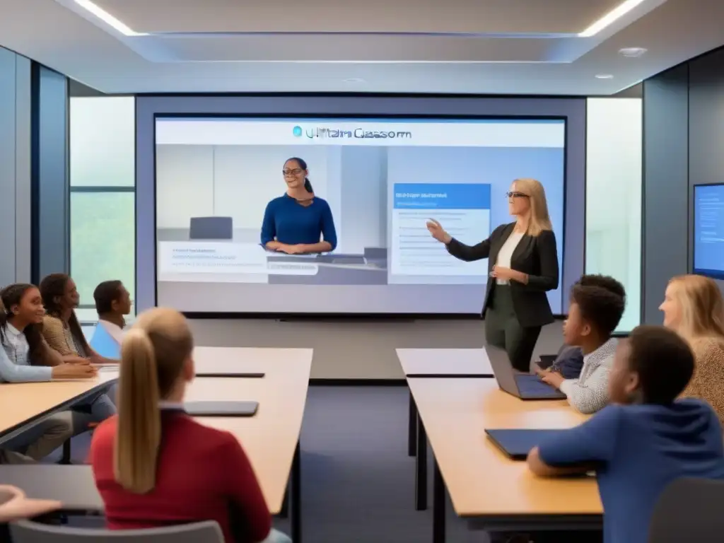Clase virtual interactiva con tecnología de vanguardia Plataforma potencia aprendizaje virtual: Aula virtual moderna con tecnología avanzada y estudiantes inmersos en experiencias educativas interactivas