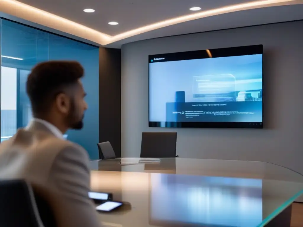 Interfaz de videoconferencia futurista y segura en pantalla transparente Una plataforma segura para videoconferencias con interfaz futurista y ambiente profesional de alta tecnología
