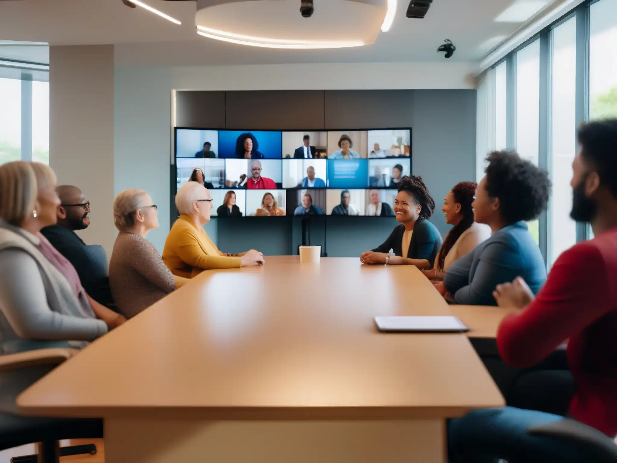 Reunión inclusiva: colaboración en videoconferencia Plataforma de videoconferencia accesible: Reunión inclusiva y colaborativa con personas de diferentes edades, habilidades y antecedentes en un espacio luminoso y acogedor, utilizando lenguaje de señas y tecnología de asistencia