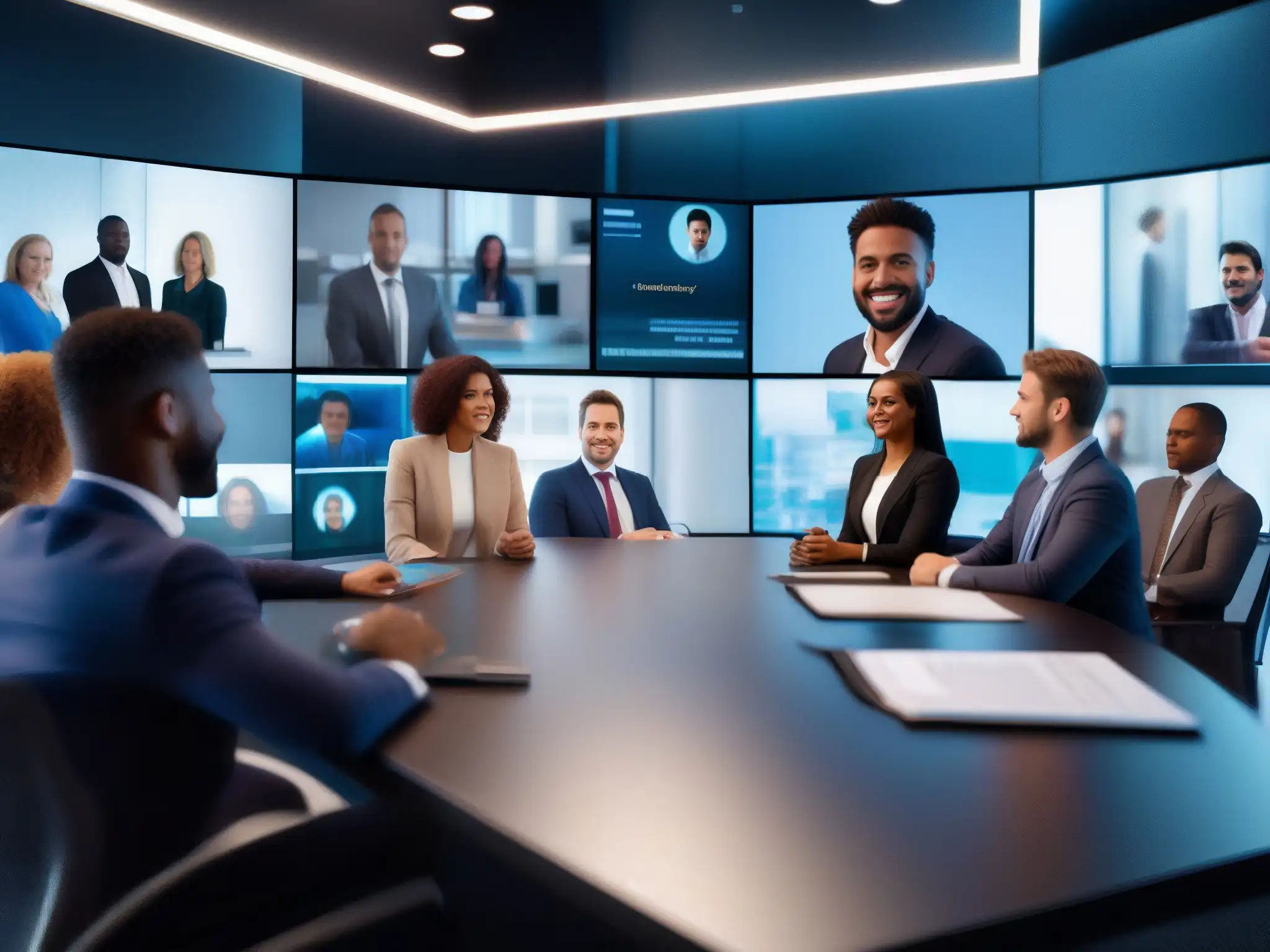 Conferencia virtual: interacción profesional y educativa en 8K Plataforma de videoconferencia de alto rendimiento en tiempo real con participantes comprometidos en una discusión profesional y educativa en una sala virtual de alta tecnología y estética pulida