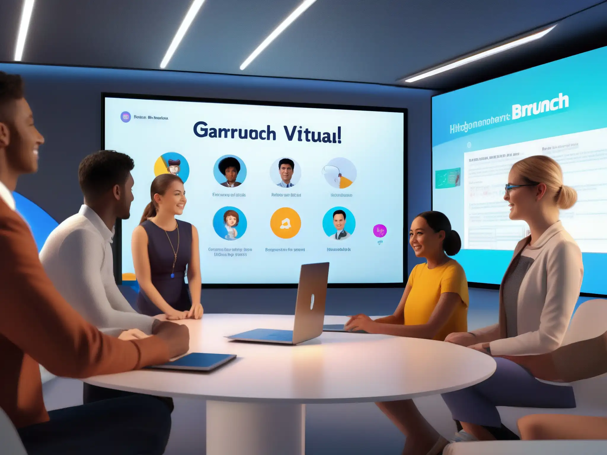 Clase virtual futurista en GoBrunch: innovación educativa en 3D En la plataforma de videoconferencia amigable GoBrunch, un aula virtual futurista con avatares 3D participando en una lección dinámica