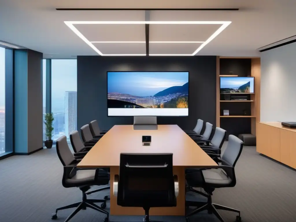 Configuración de videoconferencia profesional en oficina moderna Una plataforma de videoconferencia compatible en un entorno profesional y eficiente con equipos modernos y una integración perfecta