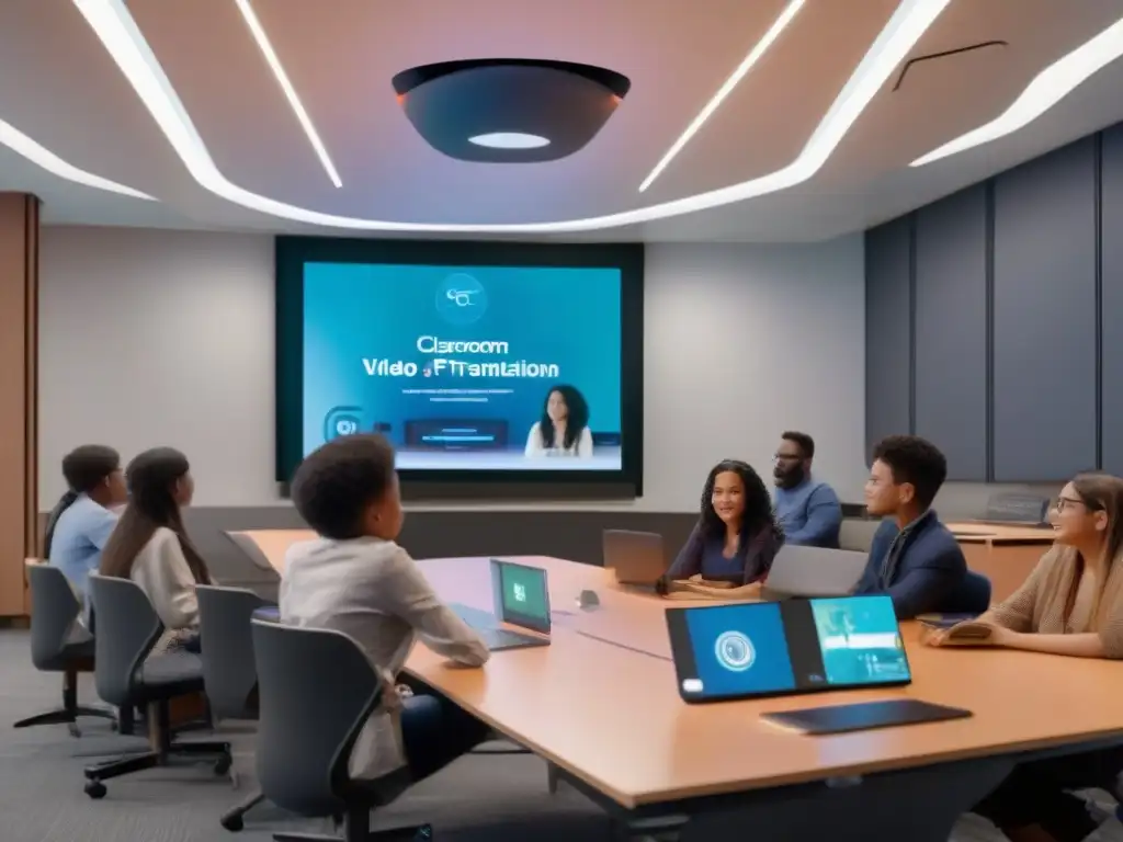 Aula del futuro: Realidad aumentada y tecnología educativa Plataforma de videoconferencia educativa con IA en aula futurista, estudiantes con auriculares de realidad aumentada interactúan con hologramas