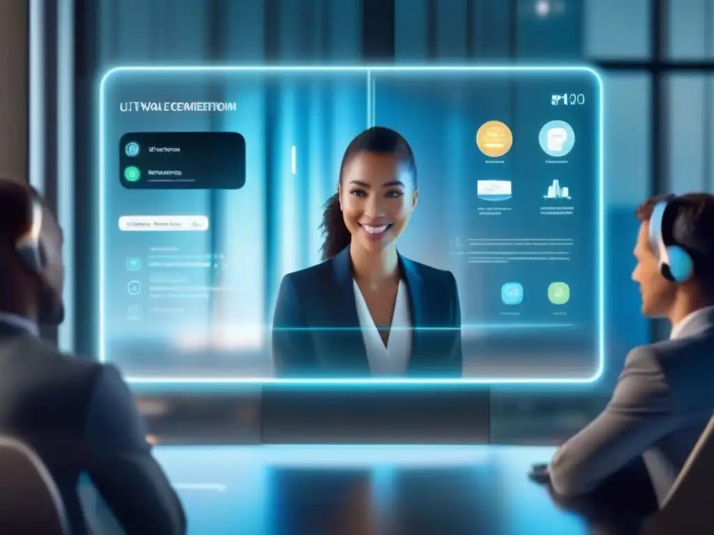 Plataforma de videoconferencia futurista y ultradetallada Una plataforma de videoconferencia futurista y adaptable para sectores, con diseño minimalista y avanzadas capacidades de colaboración y comunicación