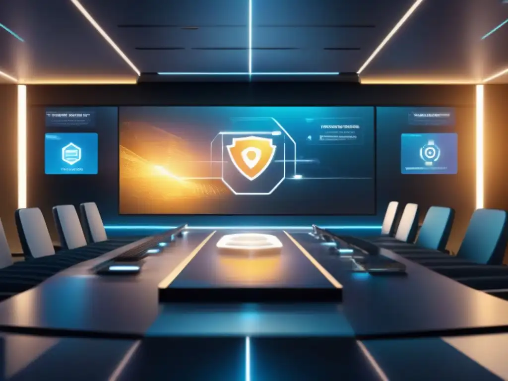 Plataforma de videoconferencia futurista con seguridad de vanguardia Una plataforma de videoconferencia futurista y segura con avanzadas características de seguridad, rodeada de defensas cibernéticas