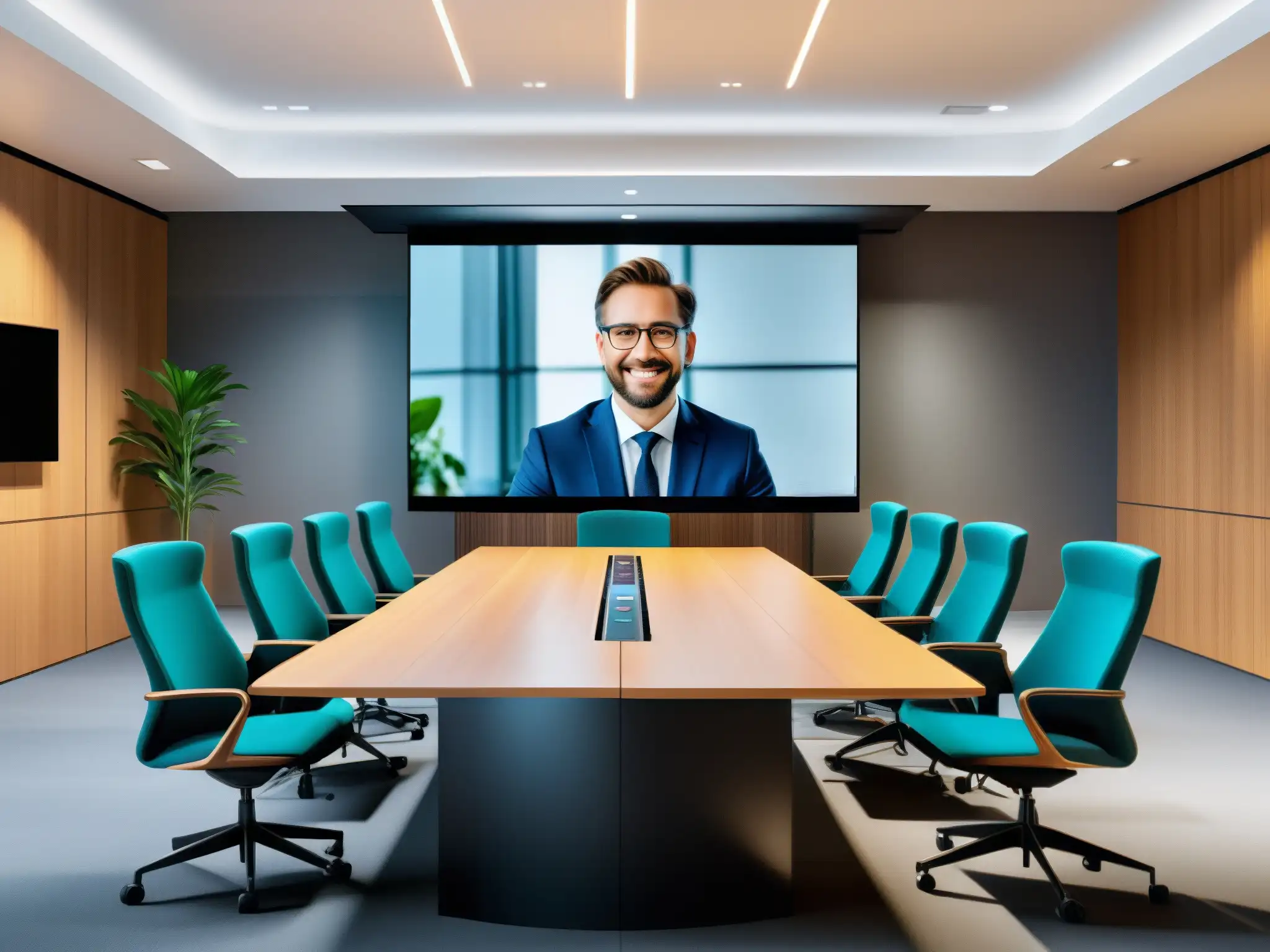 Interfaz de videoconferencia futurista con avatares personalizados y herramientas interactivas en una sala de reuniones minimalista Plataforma de videoconferencia personalizable con avatares, fondos virtuales y herramientas interactivas en una sala minimalista futurista
