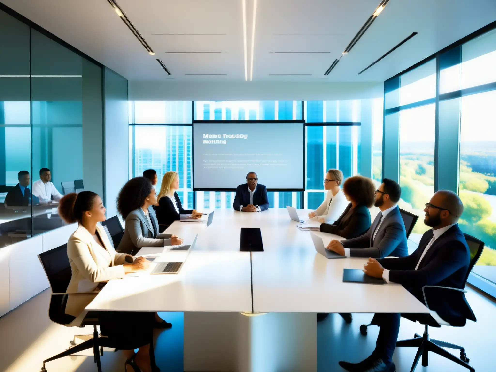 Sala de reuniones moderna con profesionales en discusión Plataforma de videoconferencia StarLeaf para PYMES: Sala de reuniones moderna con profesionales participando en una animada discusión