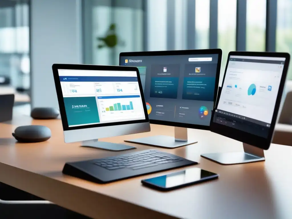 Oficina moderna: Integración perfecta de herramientas de videoconferencia y automatización Plataformas de videoconferencia compatibles en moderno escritorio de oficina, bañado por luz natural y estética profesional