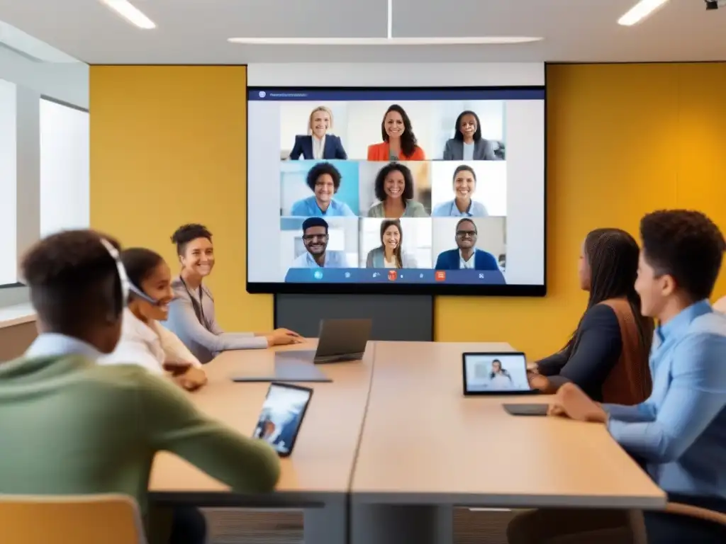 Clase virtual dinámica con IA potenciada - Innovación educativa Plataformas de videoconferencia educativa con IA: Estudiantes participando en una clase virtual dinámica con tecnología avanzada