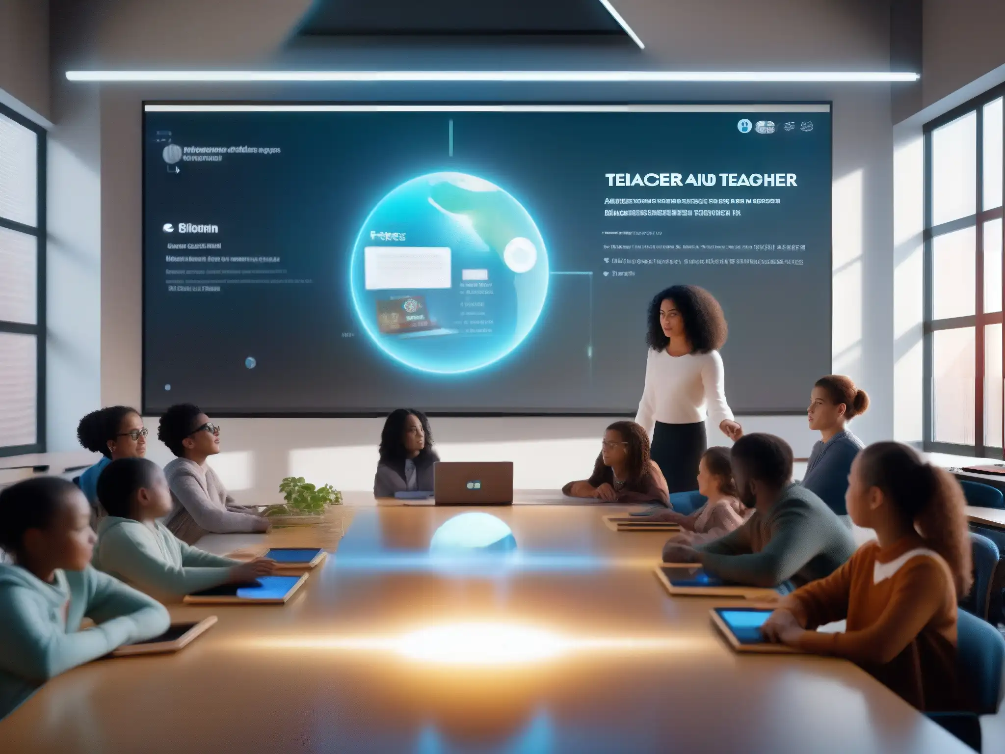 Clase innovadora con maestra holográfica y tecnología educativa futurista Plataformas de videoconferencia educativa con IA: Aula con estudiantes diversos y holografía, fomentando aprendizaje colaborativo e innovador