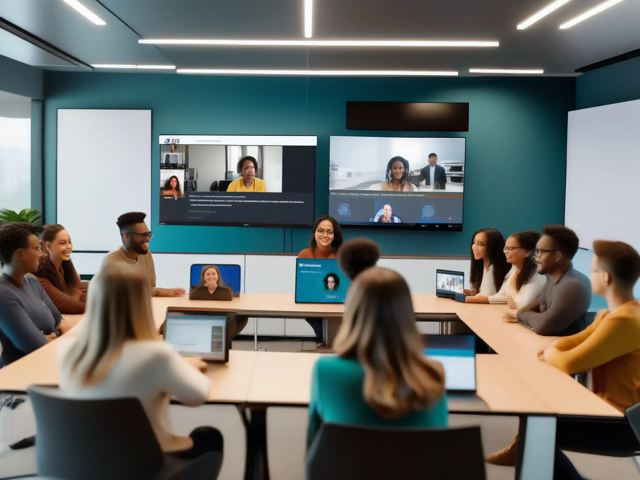 Videoconferencia educativa AI: Futuro colaborativo Plataformas de videoconferencia educativa con IA: Estudiantes y profesor participan en una dinámica clase virtual colaborativa con herramientas de IA