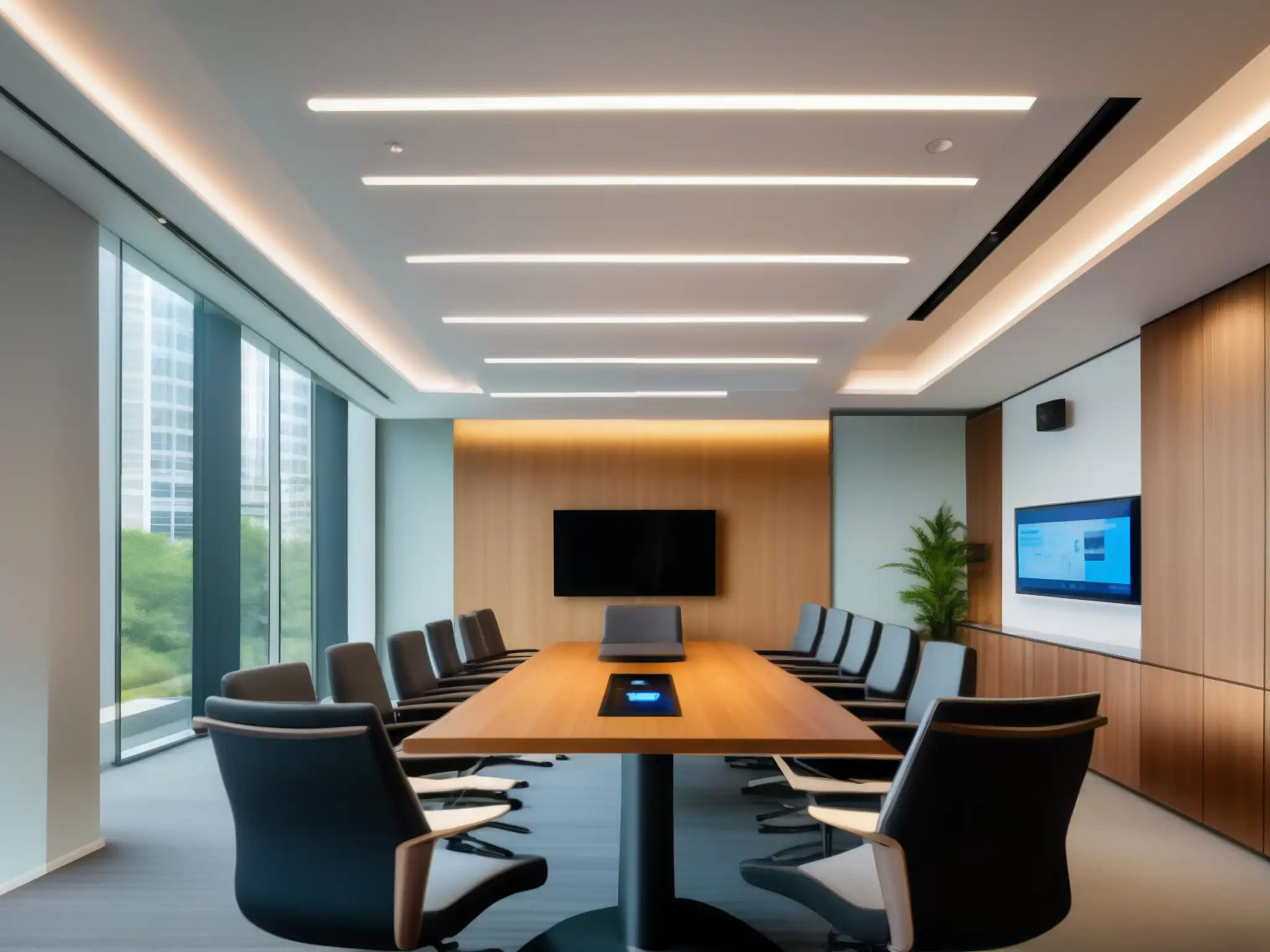 Sala de videoconferencias moderna y profesional Plataformas de videoconferencia eficientes en sala moderna con luz natural, muebles ergonómicos y tecnología avanzada