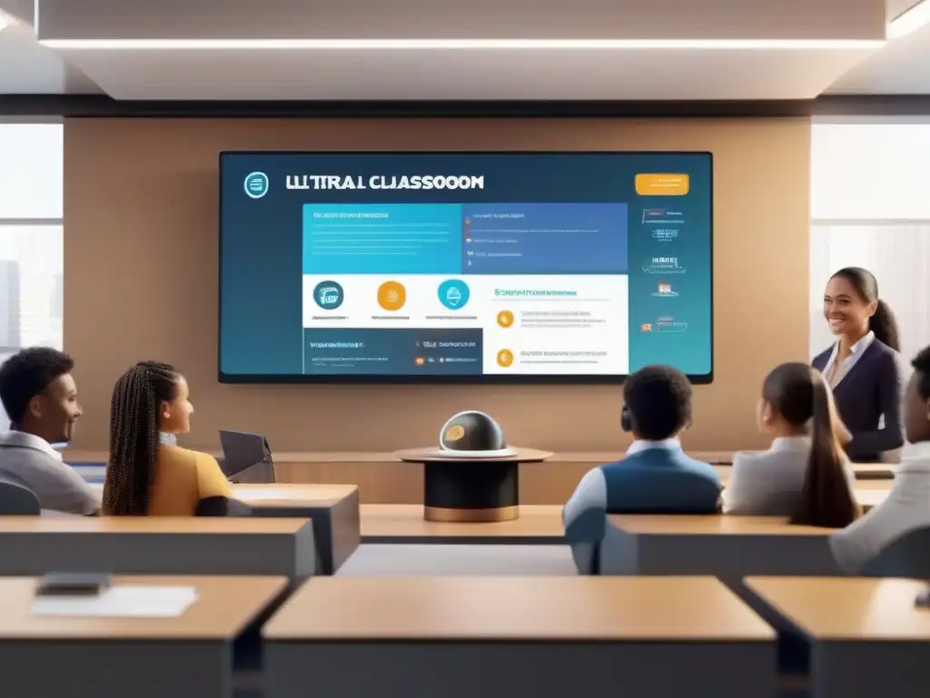 Virtual Classroom 8K: Innovación Educativa y Gamificación Plataformas de videoconferencia para gamificación: Imagen 8k de aula virtual futurista con elementos interactivos y dinámico ambiente de aprendizaje