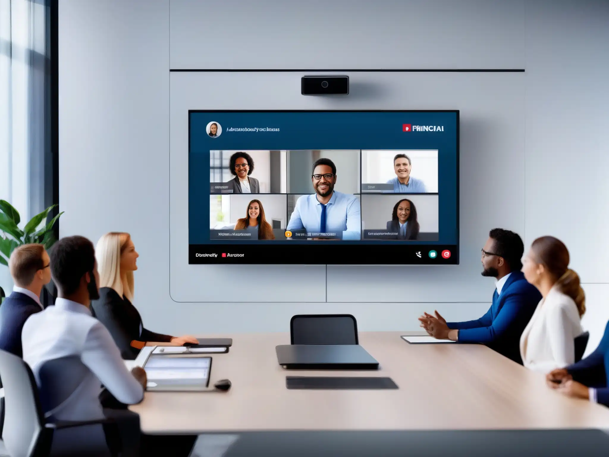 Videoconferencia moderna con funciones avanzadas de automatización Plataformas de videoconferencia con automatización: Interfaz moderna con presentación virtual y participantes interactuando en sala elegante