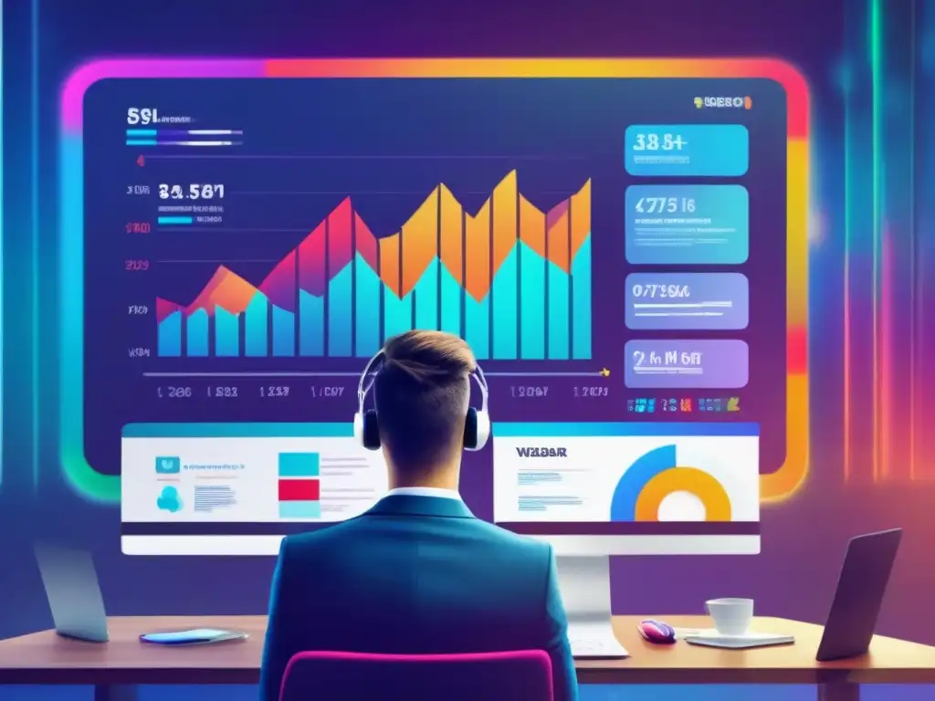 Presentador profesional en webinar interactivo Una presentación vibrante en una herramienta de videoconferencia profesional, con gráficos y diapositivas coloridas