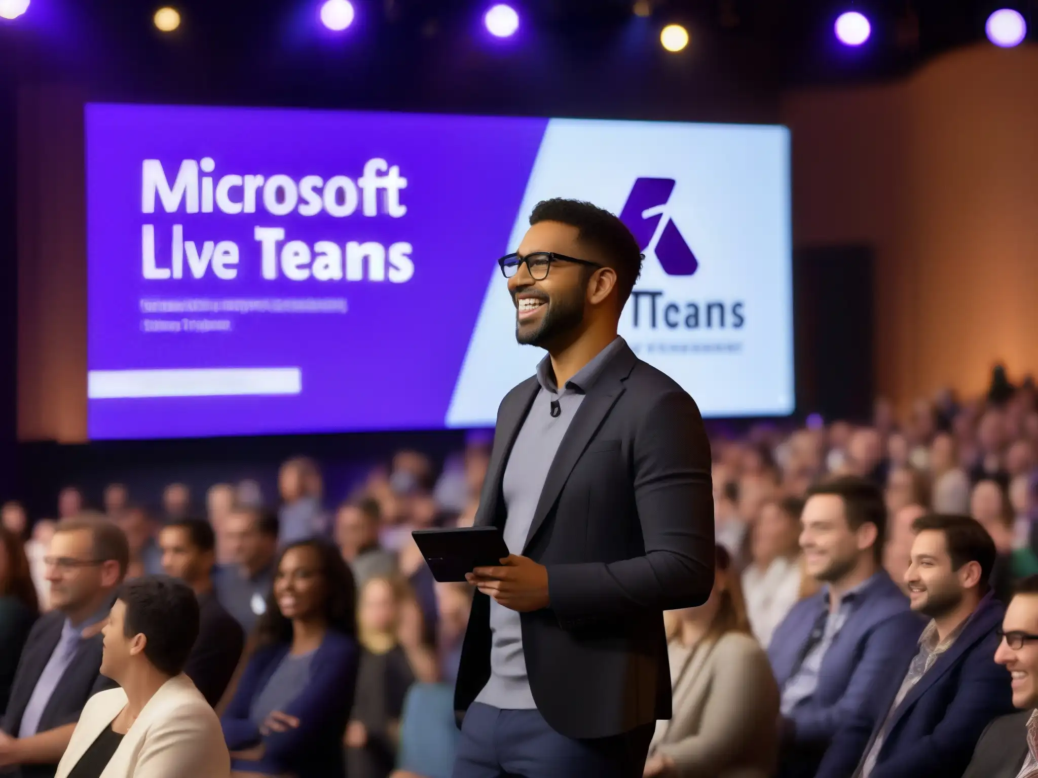 Presentador profesional en escenario con Microsoft Teams Live Events Un presentador profesional cautiva a una audiencia en un escenario, utilizando Microsoft Teams Live Events para PYMES