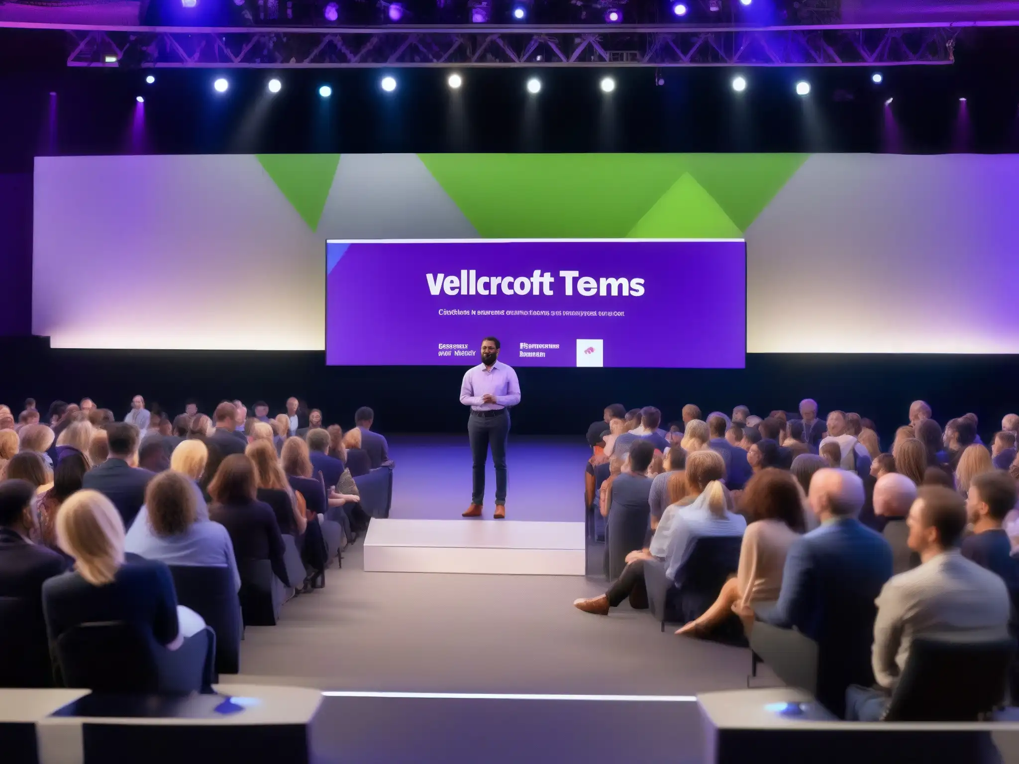 Presentador profesional en Microsoft Teams Live Events Un presentador profesional utiliza Microsoft Teams Live Events para PYMES en un escenario iluminado, con una audiencia atenta al fondo
