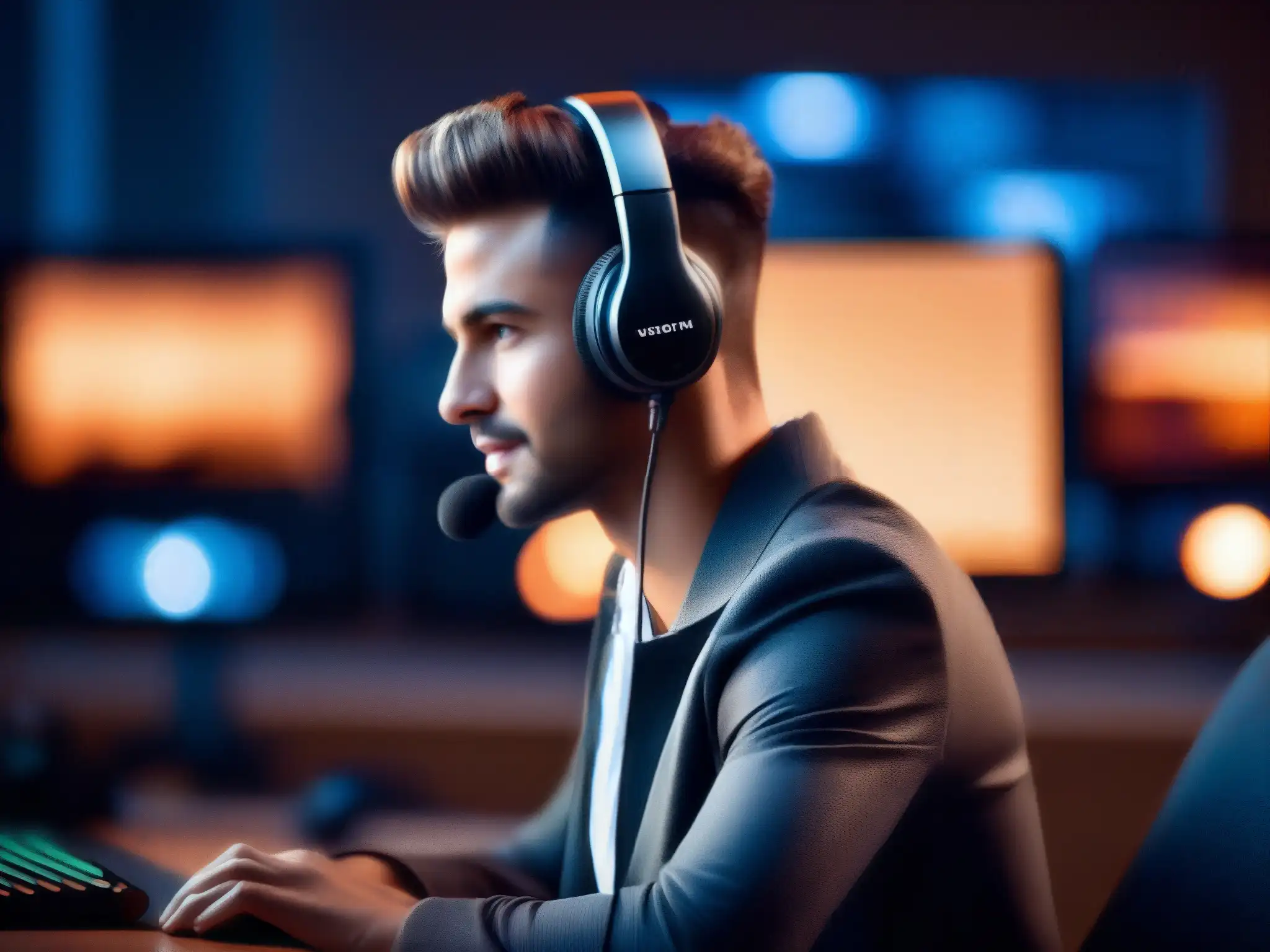 Imagen de persona con auriculares, editando audio Un productor de contenido utiliza las mejores herramientas para videoconferencia y calidad de audio, con auriculares y software de edición profesional