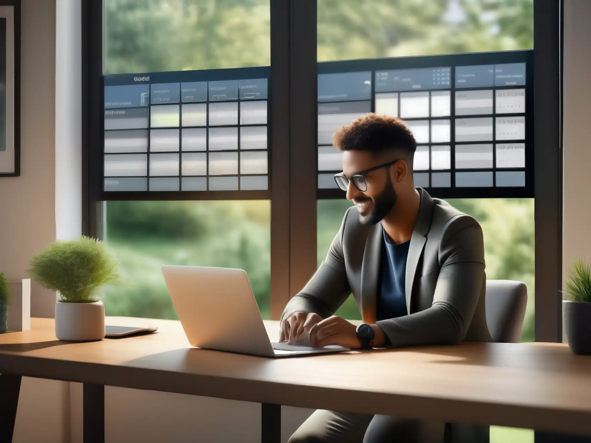 Productividad en la era digital: organización y equilibrio Profesional optimiza agenda con laptop en un escritorio ordenado, con una vista serena al aire libre