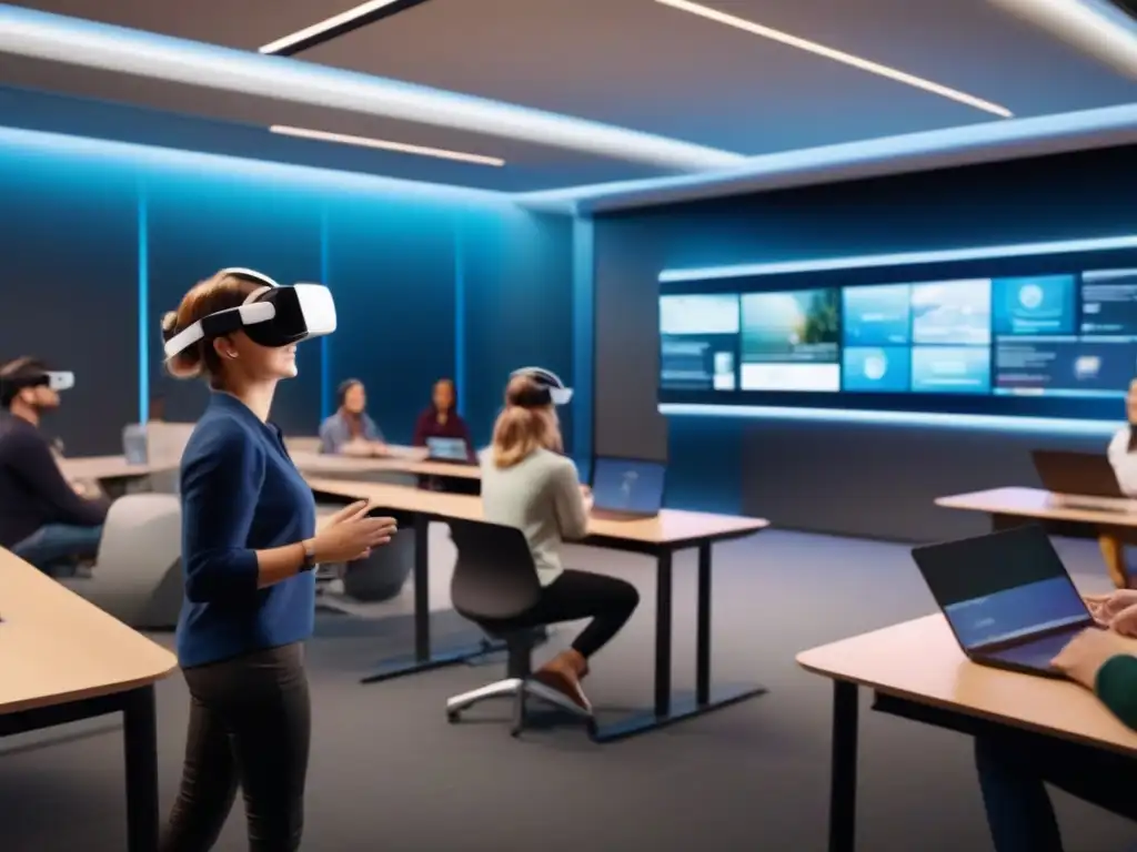 Aula virtual innovadora con estudiantes comprometidos y tecnología avanzada Profesional guía a alumnos diversos con auriculares VR en aula virtual dinámica, fomentando retención conocimiento