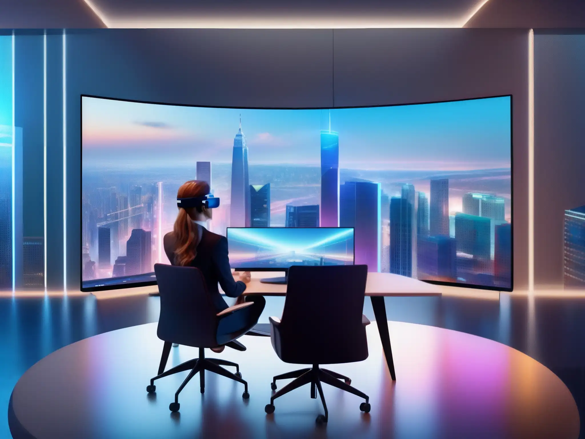 Conferencia virtual con AR: innovación en el trabajo Profesional con AR en videoconferencia, destacando la integración de realidad aumentada en entorno laboral futurista
