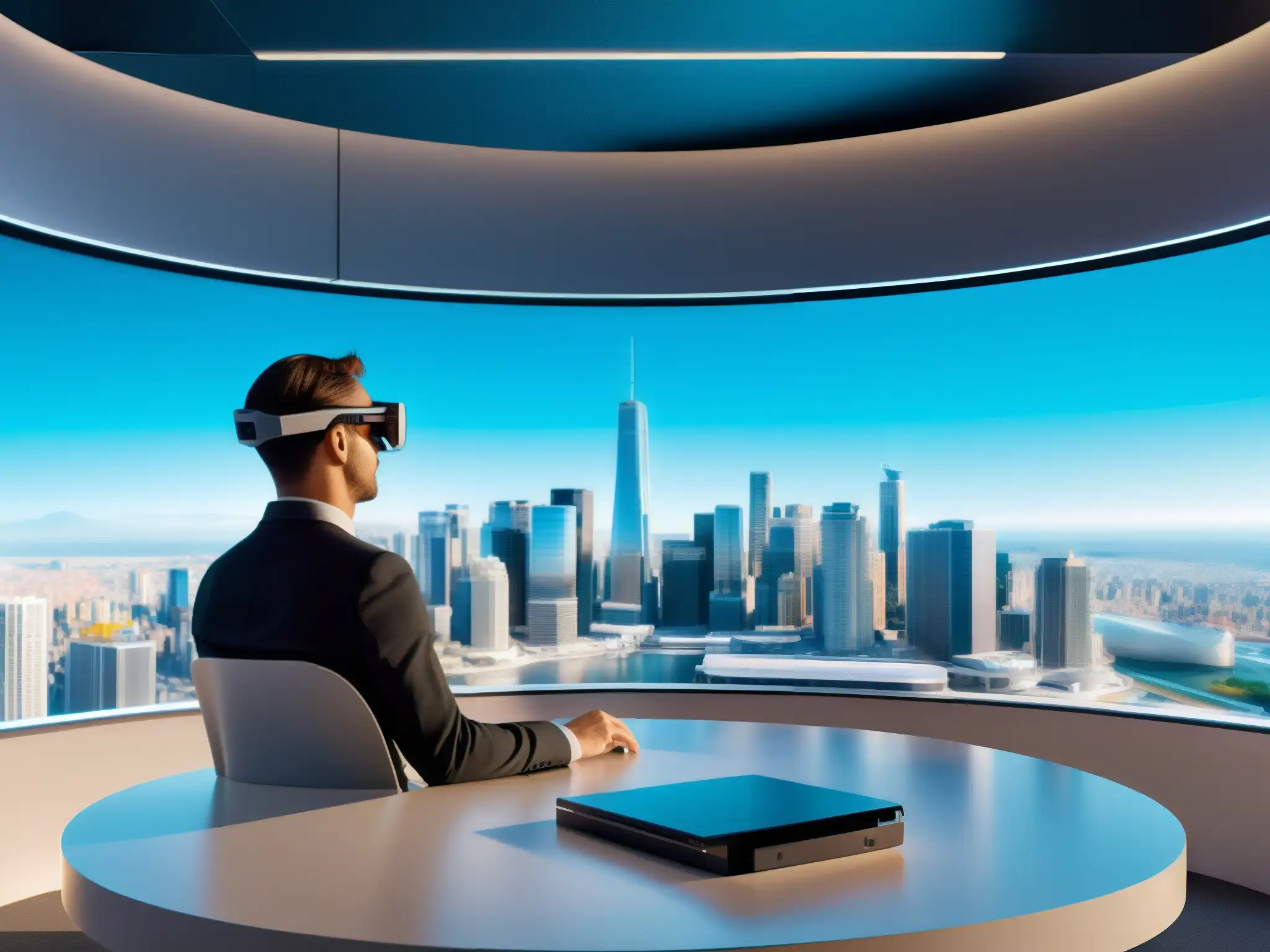 Conferencia virtual futurista con AR y modelos 3D Profesional usando AR en una videoconferencia con integración de realidad aumentada en un ambiente futurista y productivo