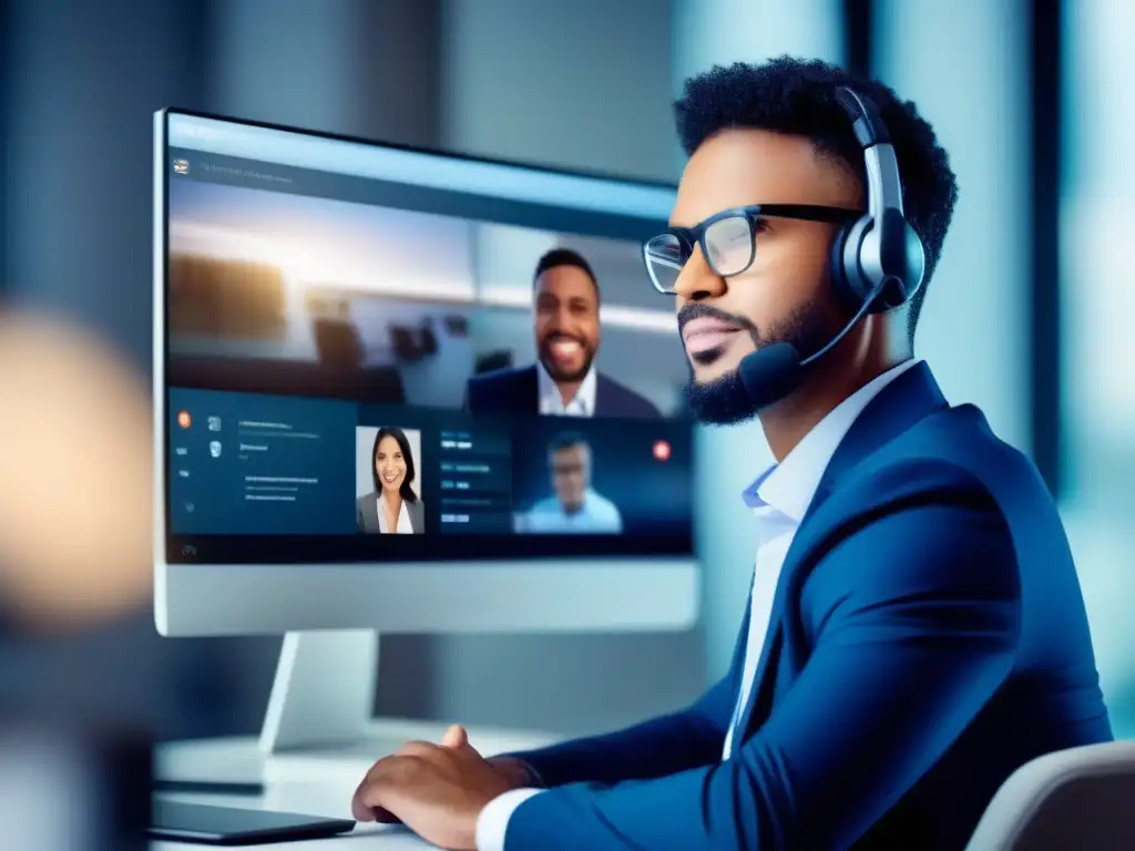 Experto en videoconferencias: profesionalidad y modernidad Un profesional atento y experto en una videoconferencia moderna, proyectando confianza y seriedad