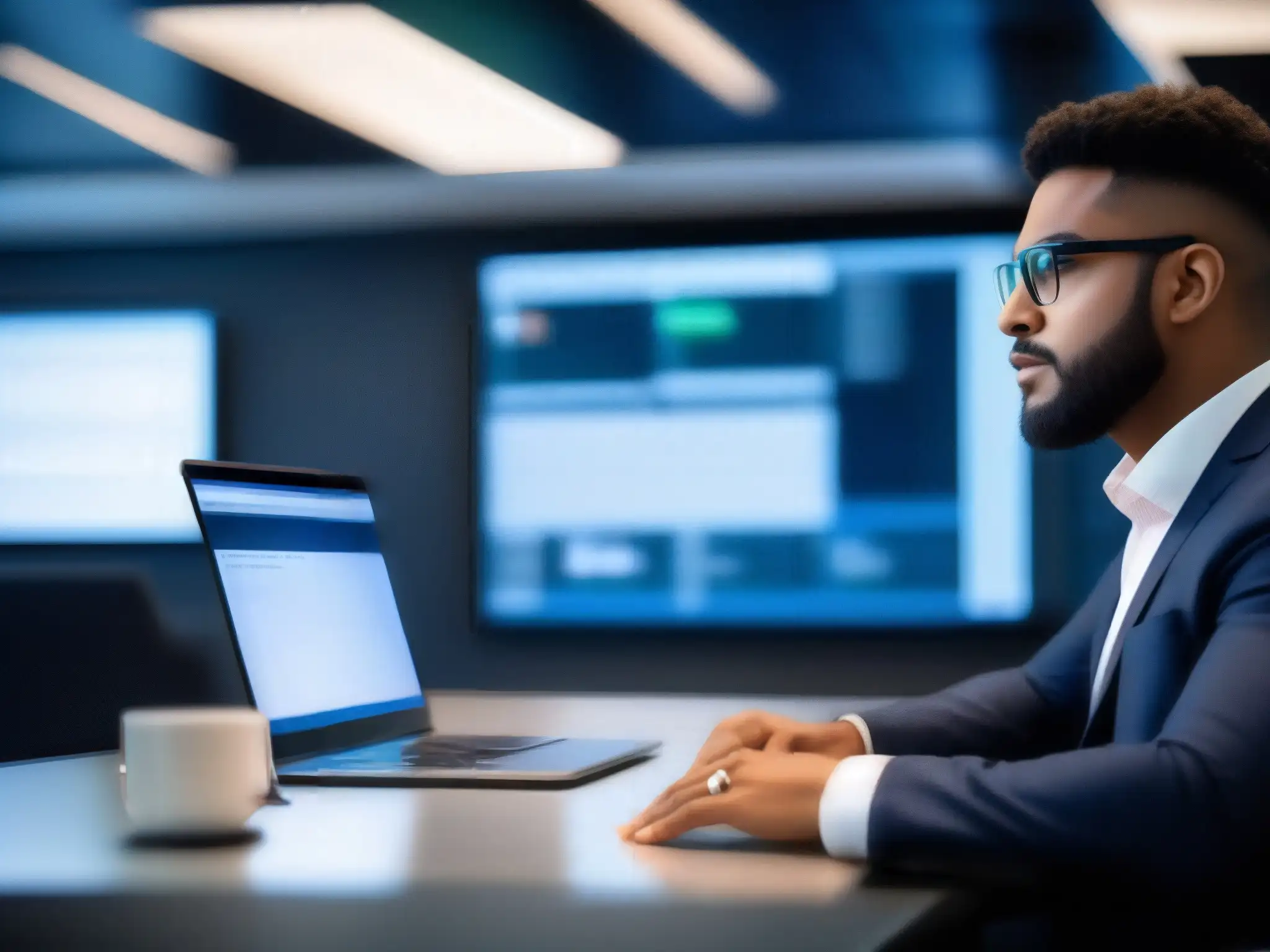 Experto en seguridad en videoconferencias Un profesional audita una videoconferencia, enfocado y seguro, rodeado de tecnología y recursos de seguridad en un entorno moderno