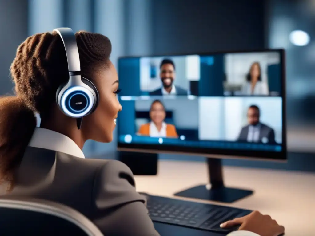 Auriculares profesionales y micrófono de alta calidad en videoconferencia Un profesional con auriculares de alta fidelidad y un micrófono de calidad durante una videoconferencia en una oficina moderna