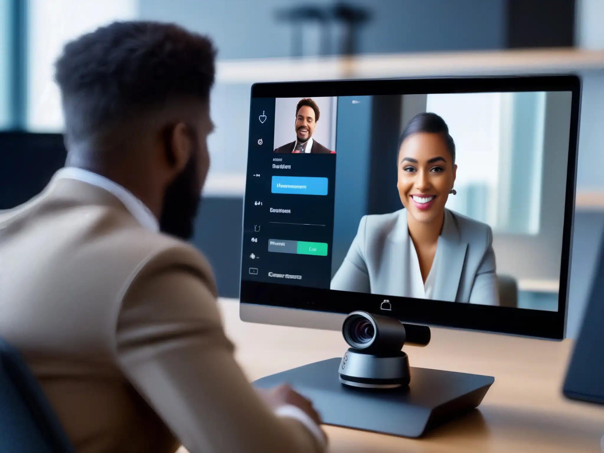 Configuración precisa de cámara de videoconferencia Un profesional ajusta la cámara para mejorar la calidad del servicio en videoconferencias, destacando la precisión y la tecnología de vanguardia