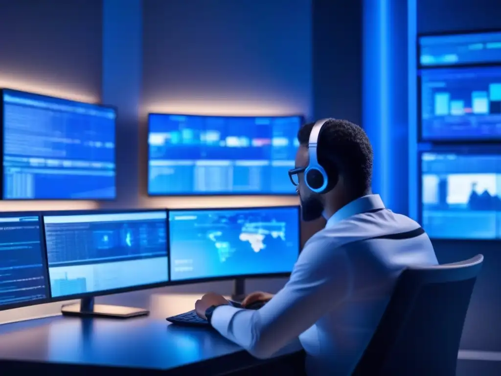 Experto en ciberseguridad realizando auditoría en sala futurista Un profesional de ciberseguridad con múltiples monitores y hologramas, realizando auditorías de seguridad en VideoMeetings