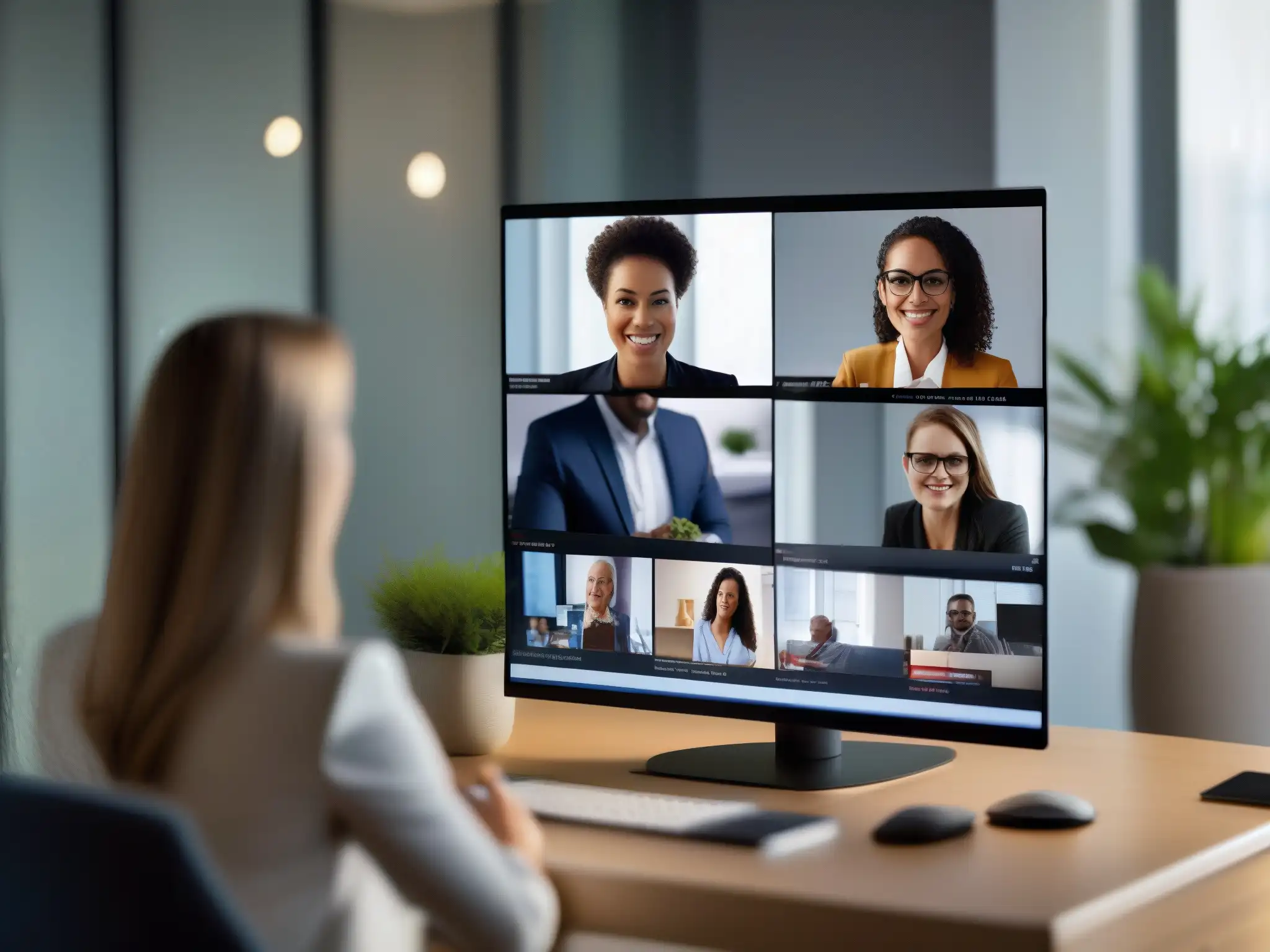 Conferencia virtual profesional desde oficina en casa Un profesional ajusta la ciberseguridad en una videoconferencia desde su moderna oficina en casa