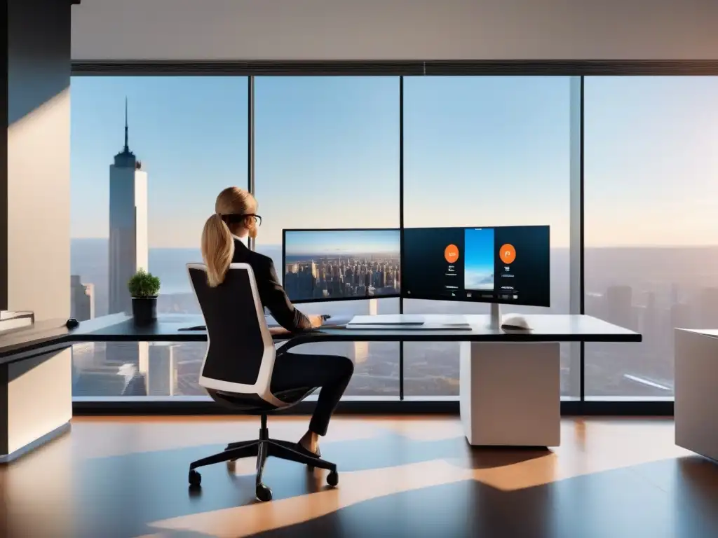 Oficina moderna: Productividad y trabajo remoto Profesional concentrado en videoconferencia remota, integrando tecnología y productividad