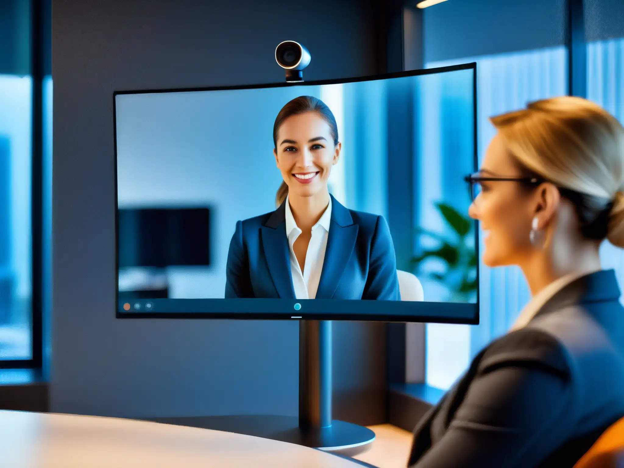 Conferencia virtual segura y confiable Un profesional confiable lidera una videoconferencia segura desde una oficina moderna