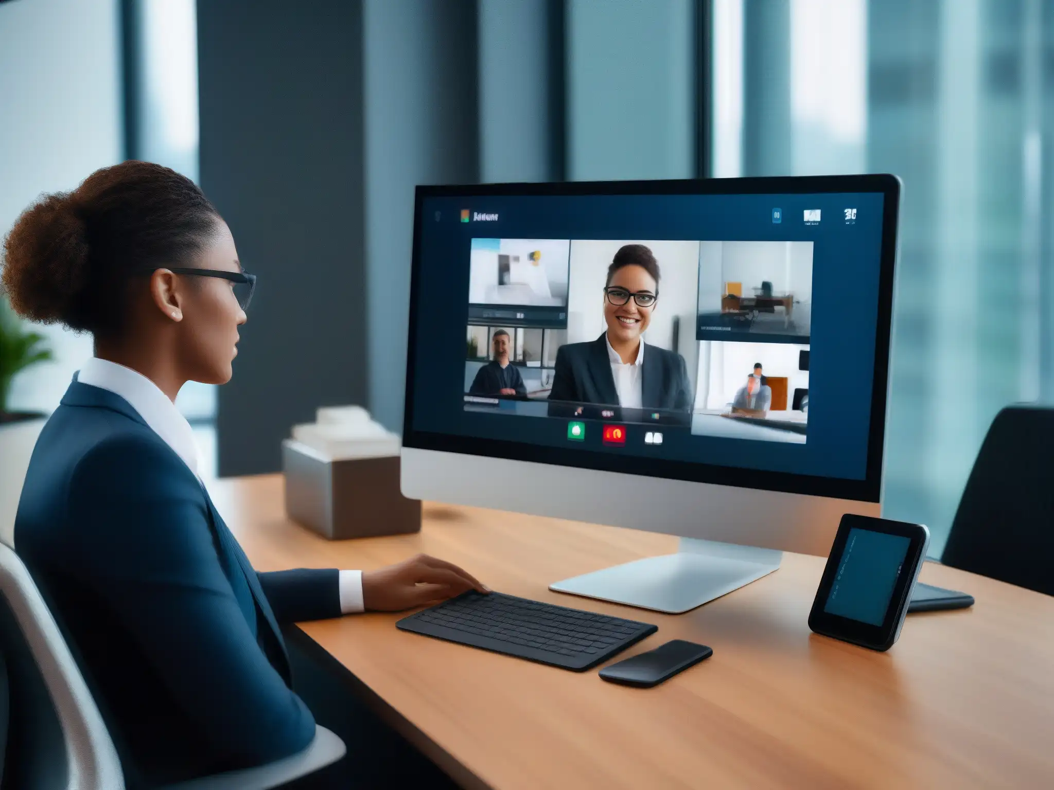 Personalización de videoconferencias: enfoque profesional y productivo Un profesional ajusta la configuración en una plataforma de videoconferencia en una oficina moderna y bien iluminada