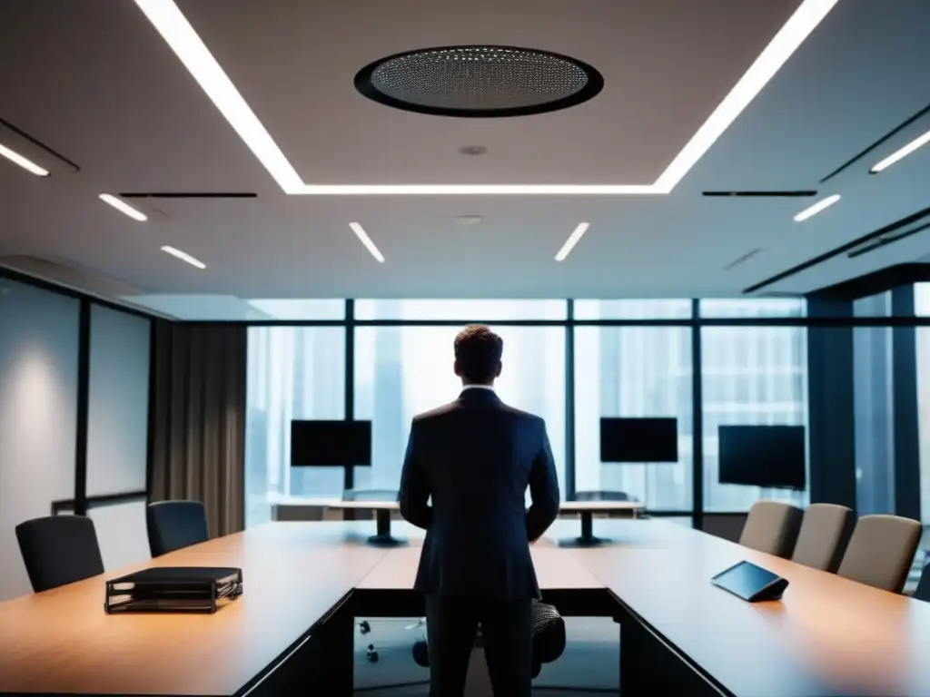 Configuración profesional de videoconferencias en oficina moderna Un profesional ajusta la configuración de videoconferencia en una oficina moderna y bien iluminada para mejorar la calidad de la transmisión