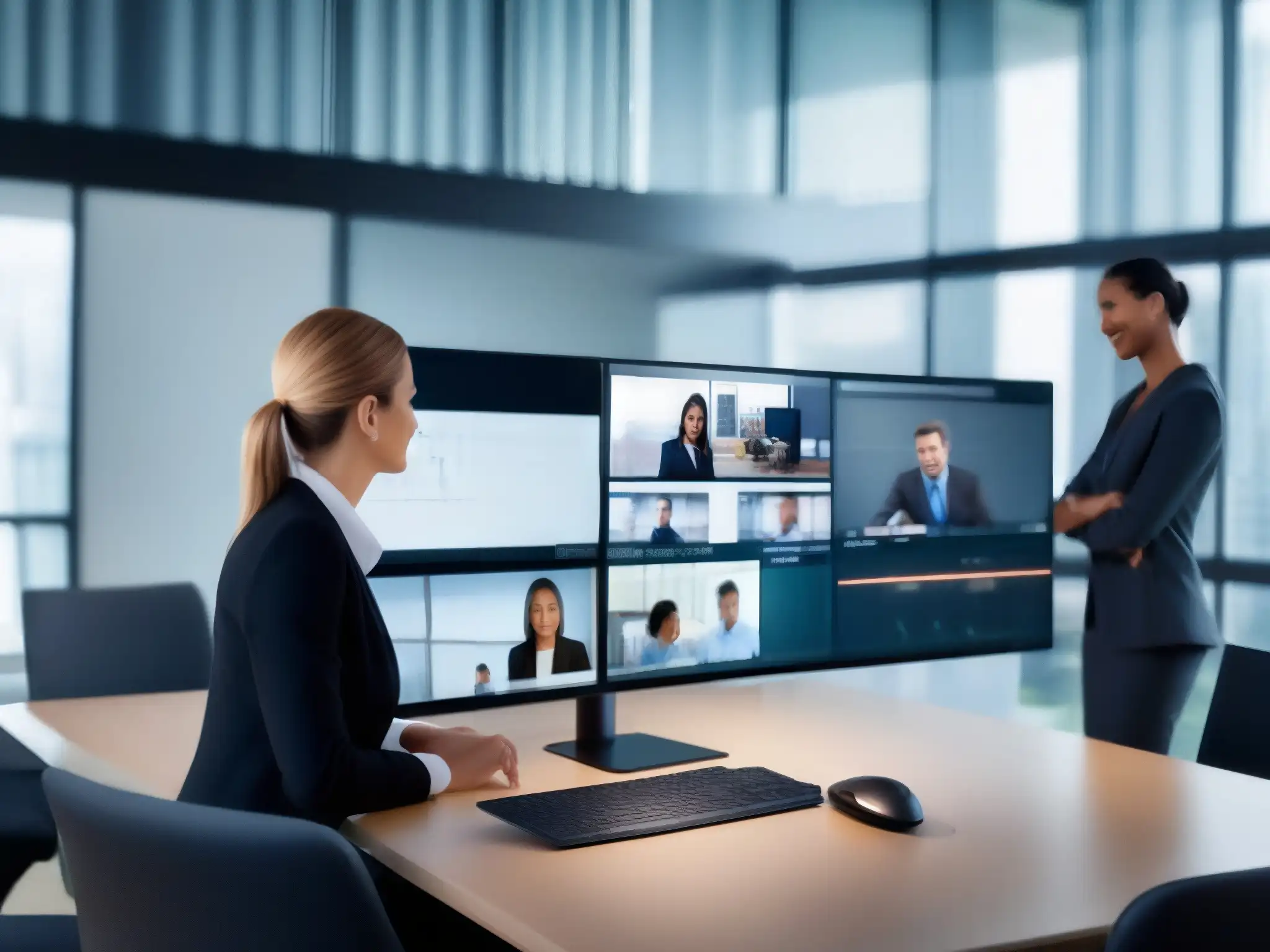 Experto en configuración de videoconferencias seguras Un profesional ajusta la configuración de encriptación para una videoconferencia segura